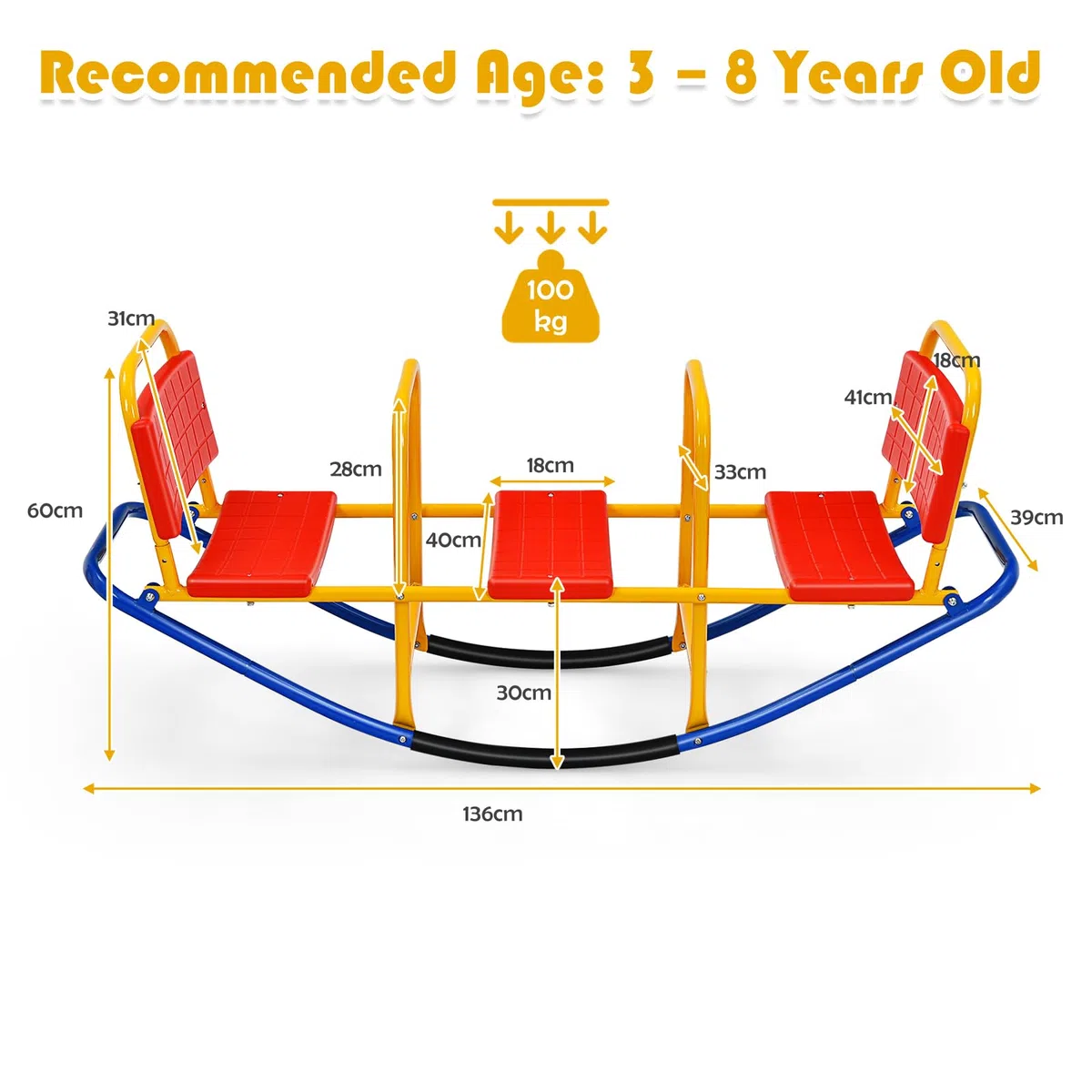HOMASIS Altalena a Bilico per Bambini 3 Posti, Altalena a Dondolo in Metallo, Portata 90 kg, per Bambini 3-8 Anni (Rosso)