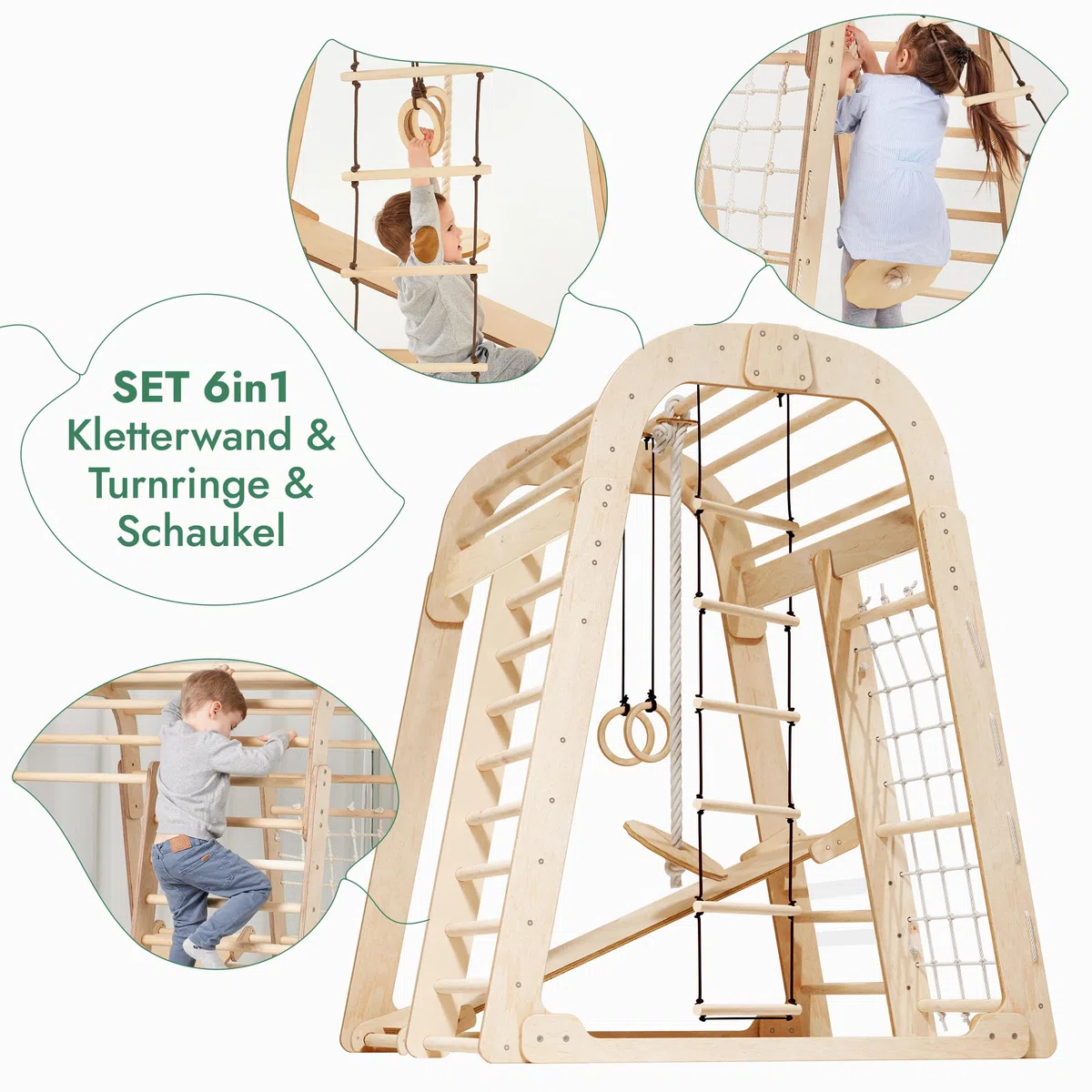Montessori Struttura in Legno per Bambini, Parco Giochi con Scivolo, Altalena, Parete da Arrampicata, Corda, Scala a Maglia 3-8