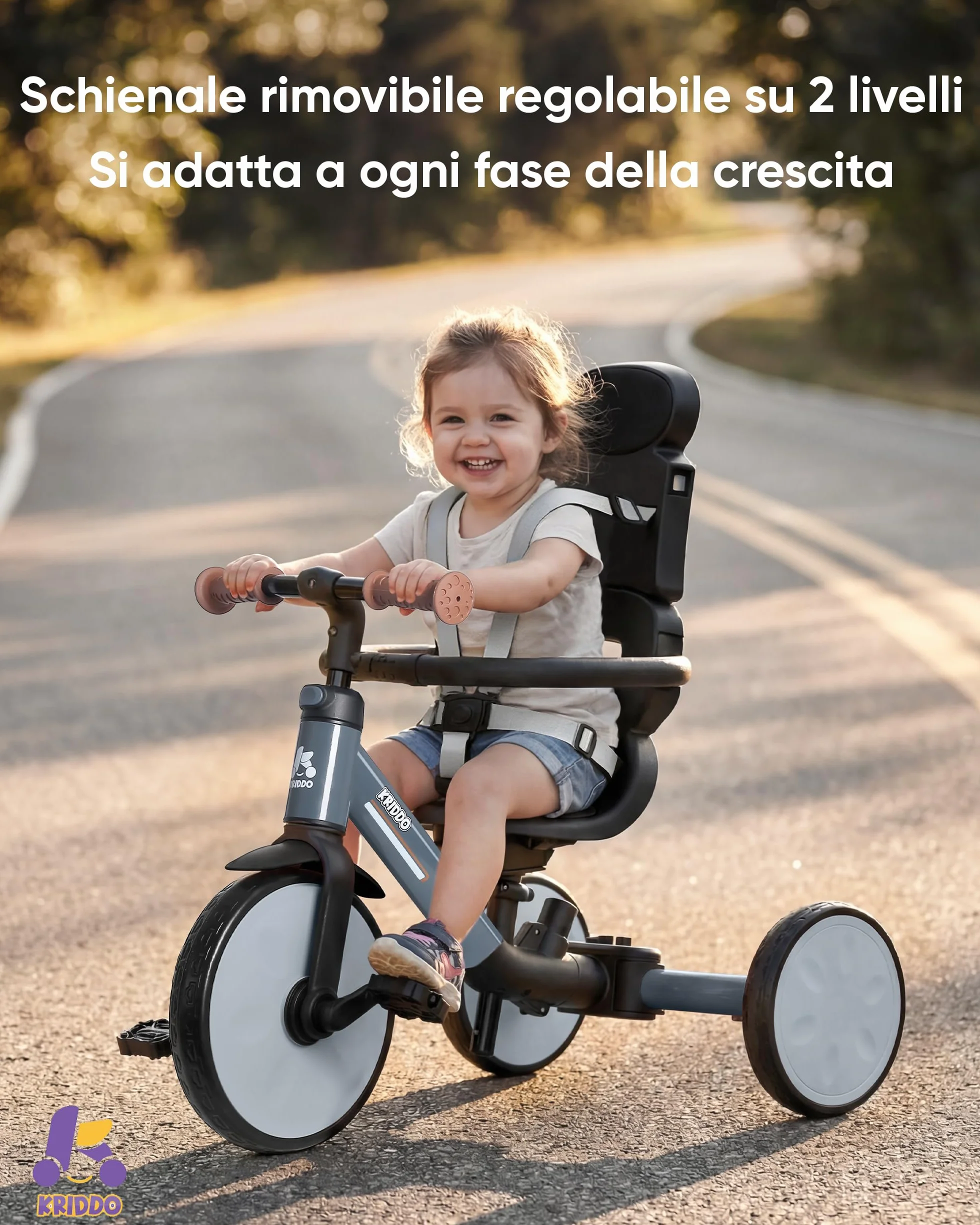 KRIDDO Triciclo evolutivo 8 in 1 per bambini 18 mesi-5 anni, Triciclo passeggino con maniglione, triciclo e bici senza pedali, cintura a 5 punti, cappottina pieghevole e borsa portaoggetti, Grigio