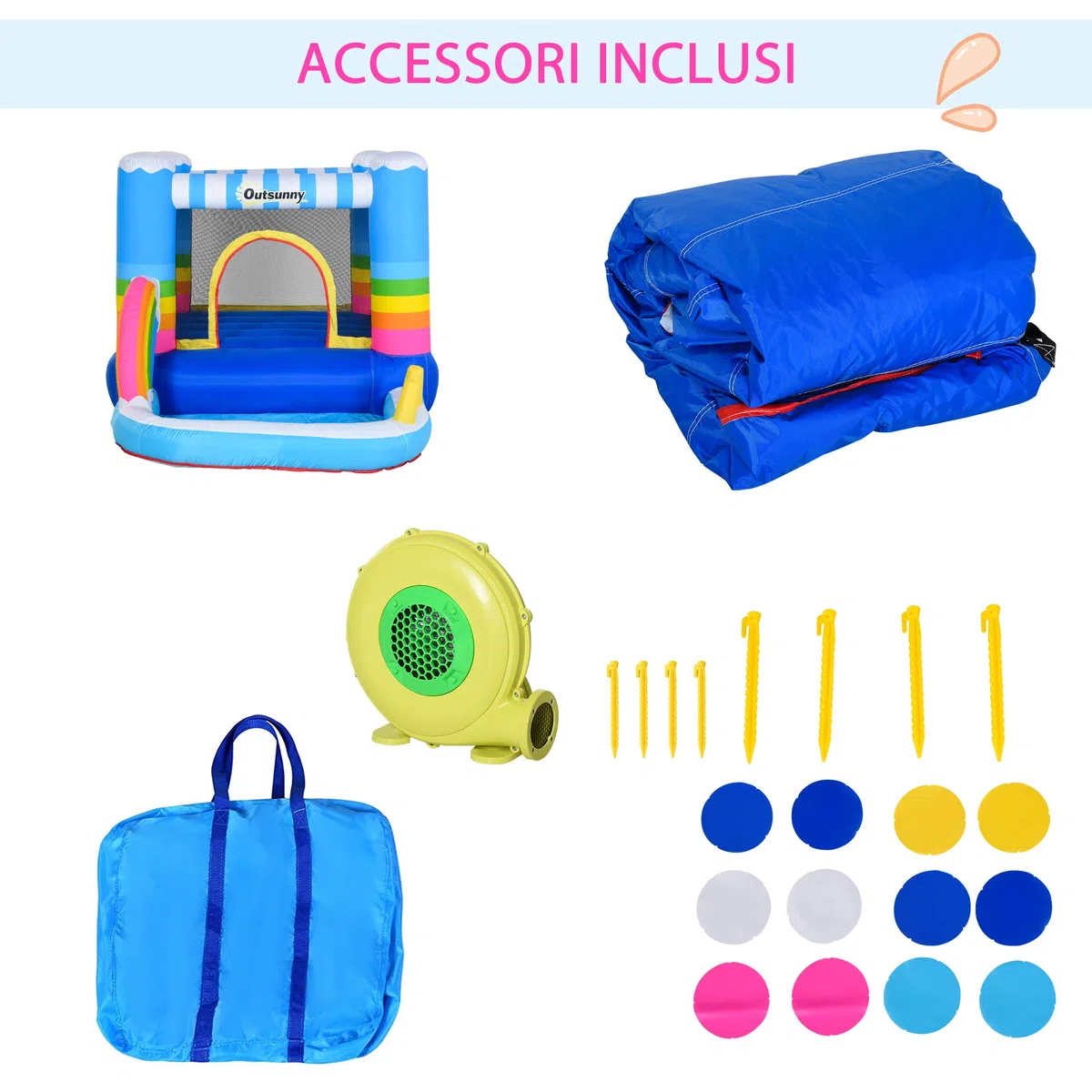 Outsunny Castello Gonfiabile per Bambini con Trampolino e Piscina, Pompa Elettrica Inclusa 280x170x155cm, Multicolore