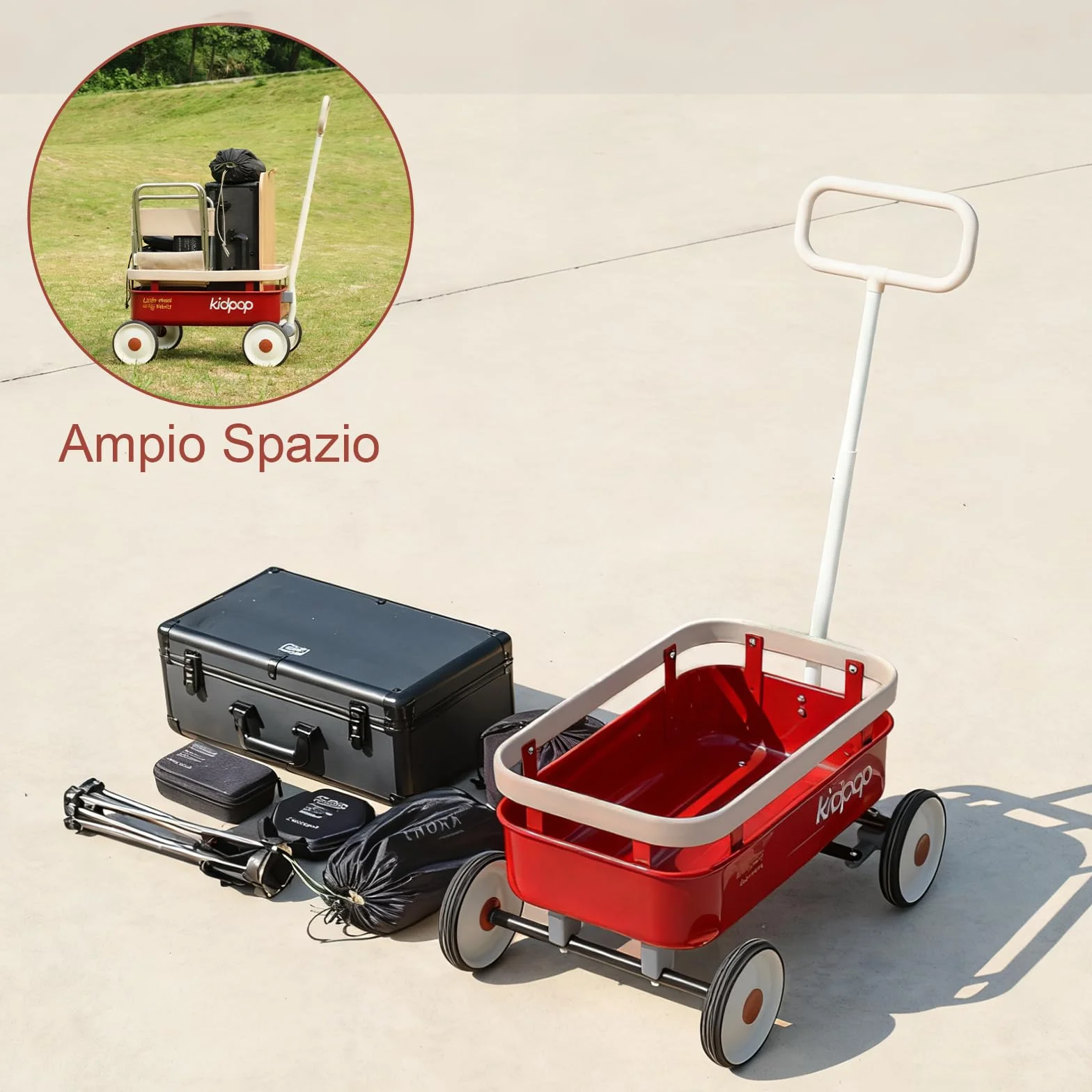Kidpop PULA-Wild 3 in 1- Carrello a mano per bambini, 2,5-8 anni, copertura in legno rimovibile e manubrio regolabile, regalo di compleanno, peso massimo 16 kg, rosso
