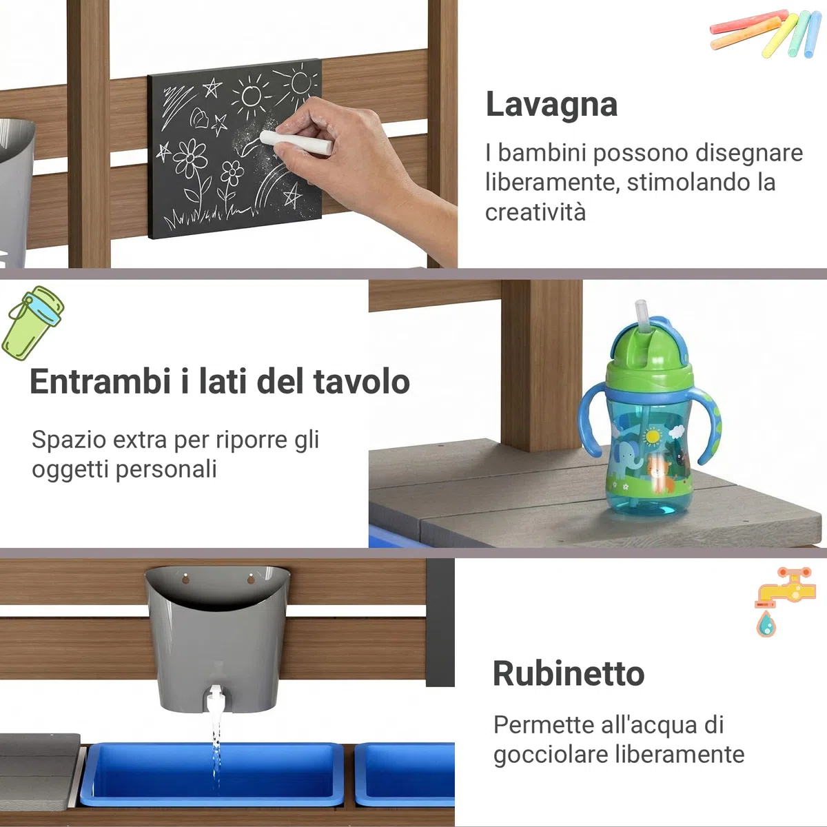 MAMIZO Grande Sabbiere da Esterno per Bambini 3-10 anni, Sandbox in Legno con Tetto, Recinto di Sabbia con Lavagna, Rubinetto, 2 Bacinella, Giardini Playhouse per Spiagge, Balconi, 113x116x142 CM