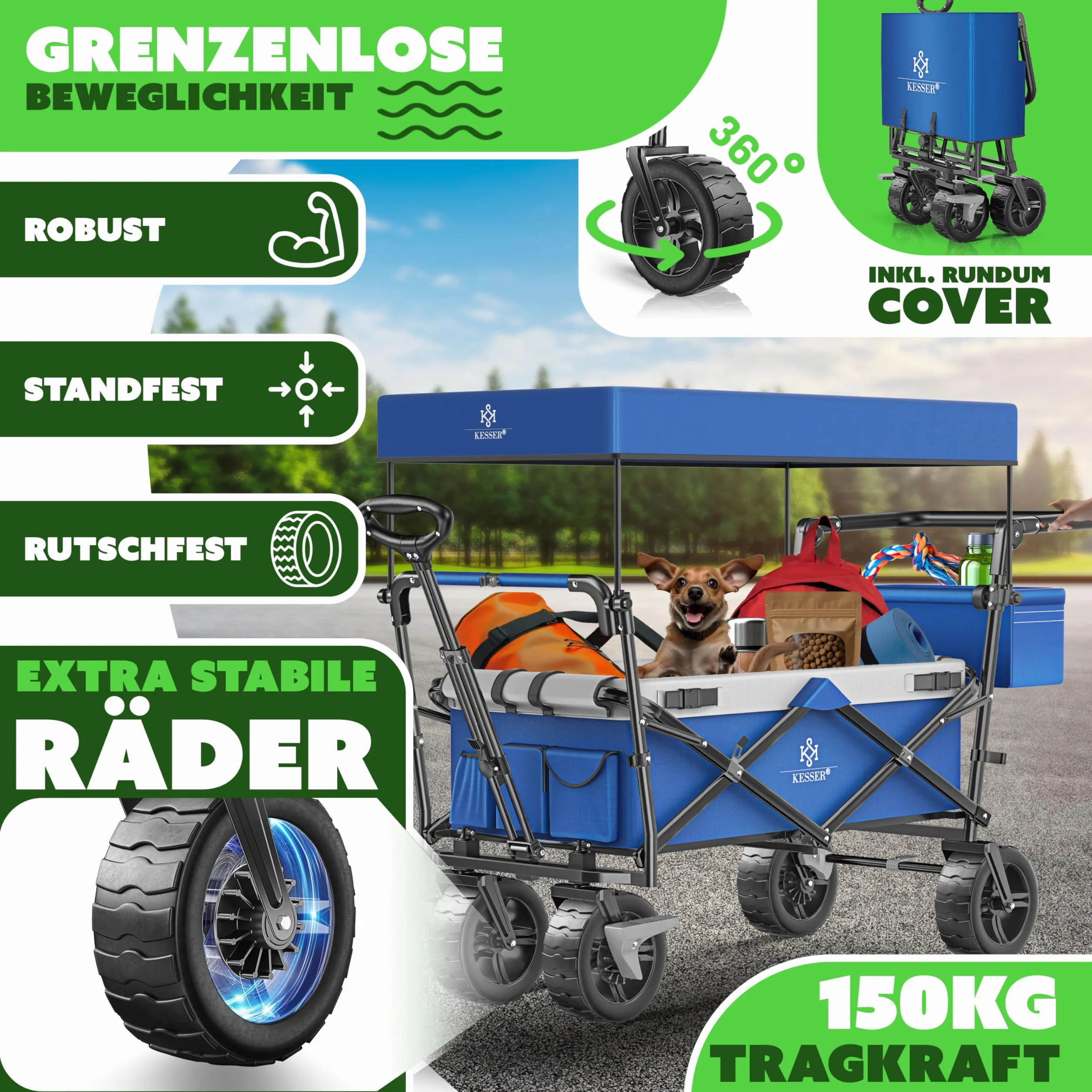 KESSER® Carrello pieghevole XXL con tettuccio GT9000, carrello pieghevole fino a 150 kg, per bambini, spiaggia, campeggio e giardino, grande carrello di trasporto con ruote in gomma rigida, freni