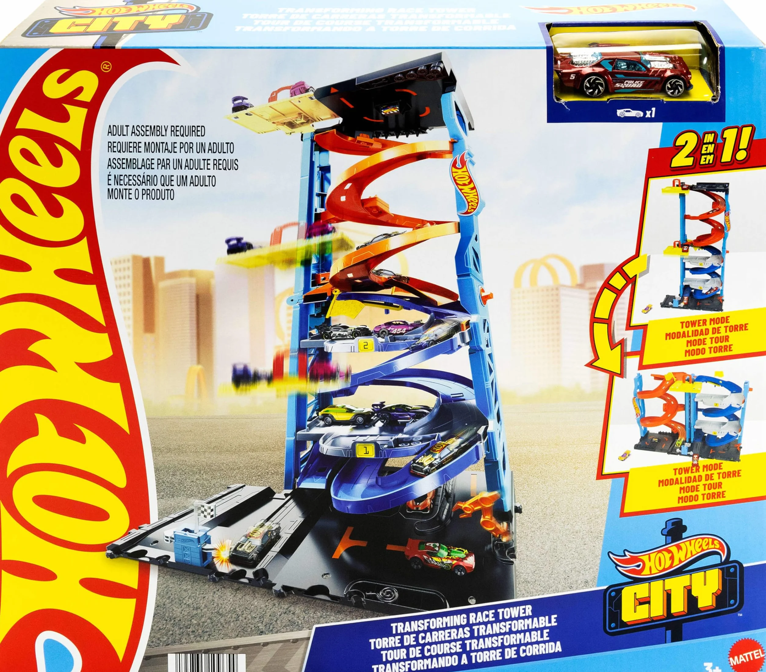 Hot Wheels City playset con pista e 1 macchinina Hot Wheels, torre 2 in 1 da modalità corsa singola a doppia, ascensore azionato manualmente incluso, HKX43