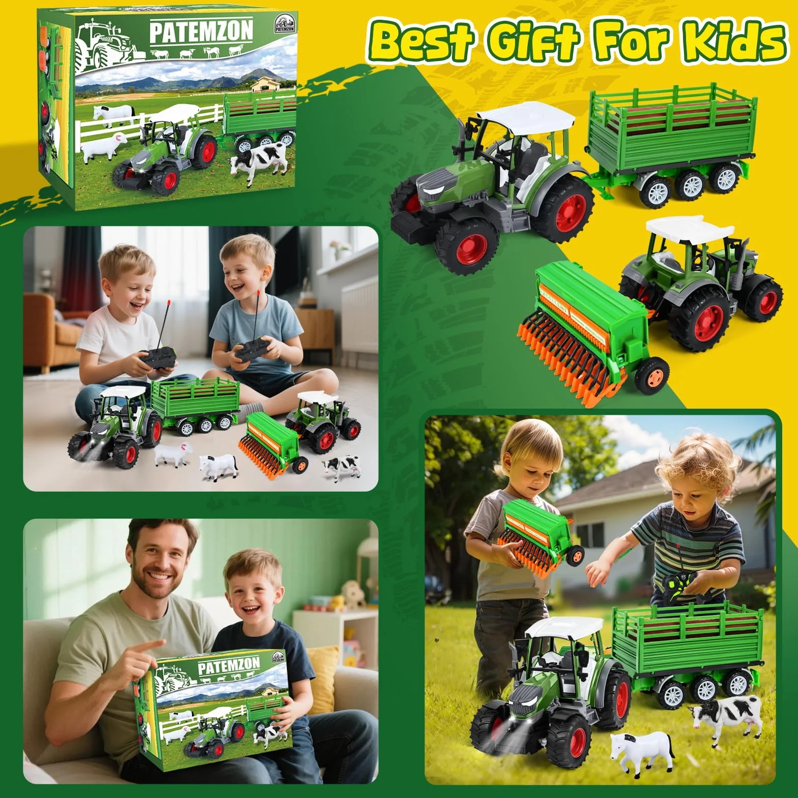 PATEMZON RC Trattore Telecomandato per Bambini, Trattore Agricolo con Aratro e Luce, Set di Trattore Radiocomandato con Rimorchio Giocattolo, Mucca, Pecora, Troncs d'Arbre e Balle, Verde