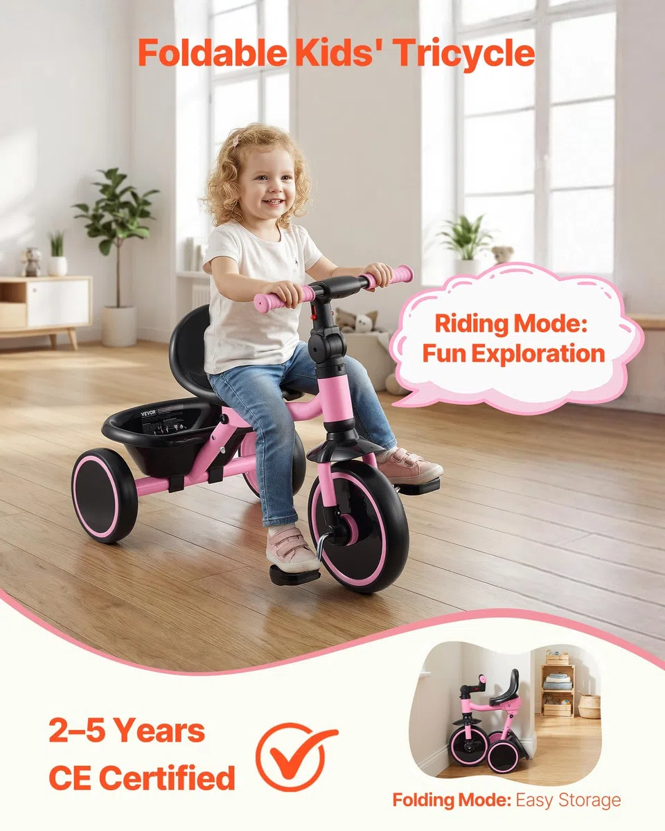 VEVOR Triciclo per Bambini 2-5 Anni con Sedile Regolabile Cestino Posteriore Telaio Acciaio Carbonio Ruote EVA Rosa Nero
