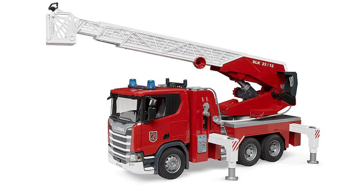 Bruder 03591 Camion dei pompieri Scania Super 560R con scala girevole pompa acqua luci suoni