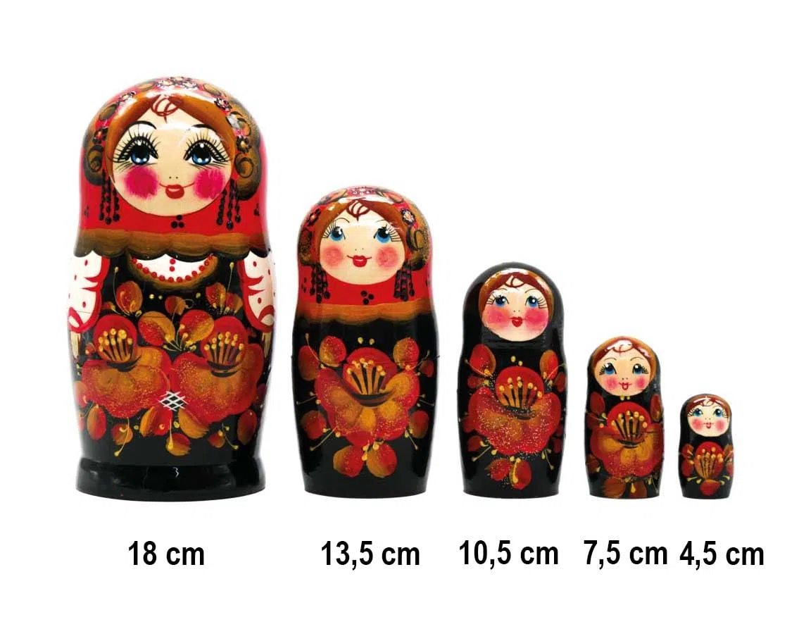 Hohlama Fantasia Matrioska Babushka 18 cm 5 bambole legno nero-rosso