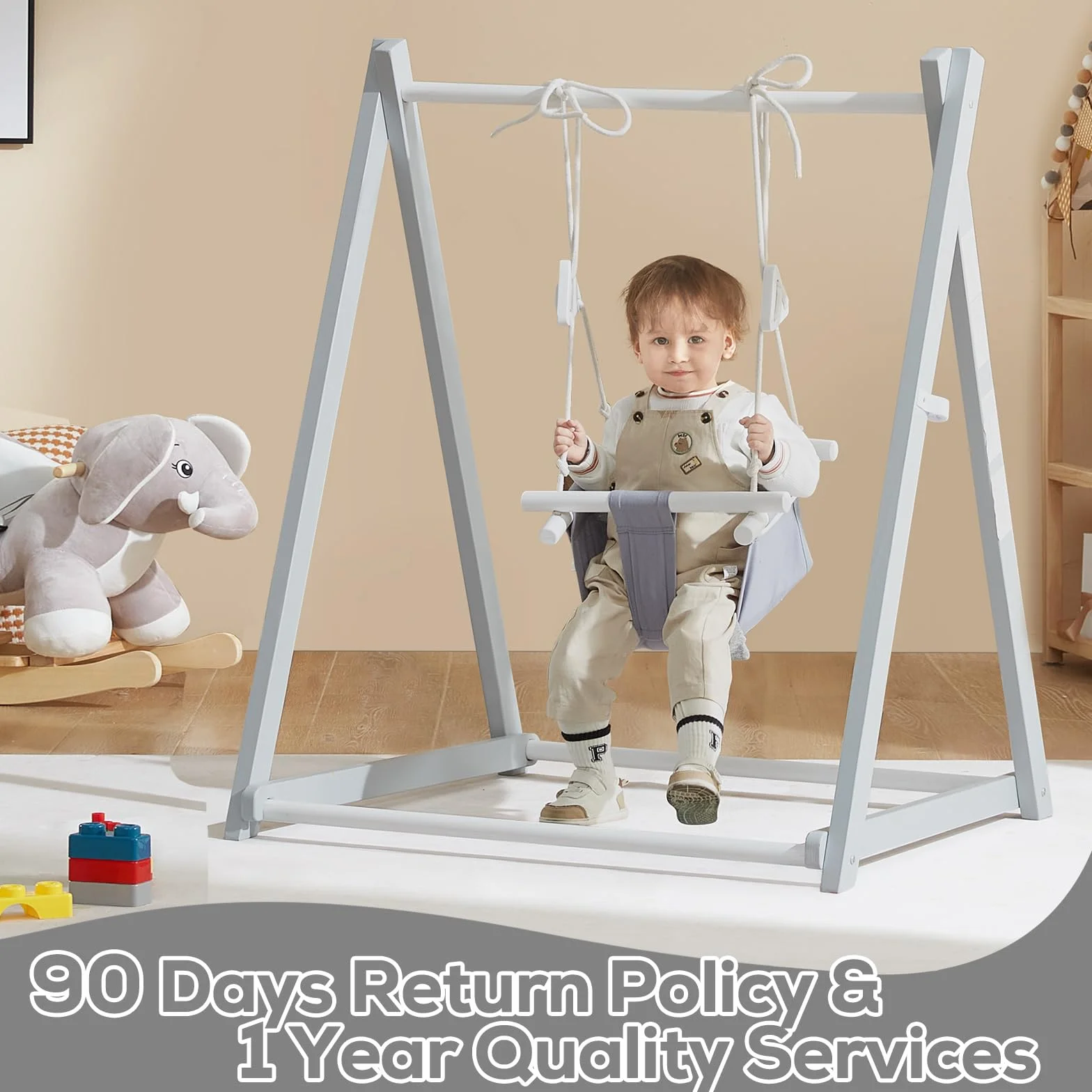 FUNLIO Altalena in legno per bambini dai 6 ai 36 mesi, set altalena pieghevole con 4 sacchi di sabbia, altalena per bambini, per interni ed esterni, colore grigio