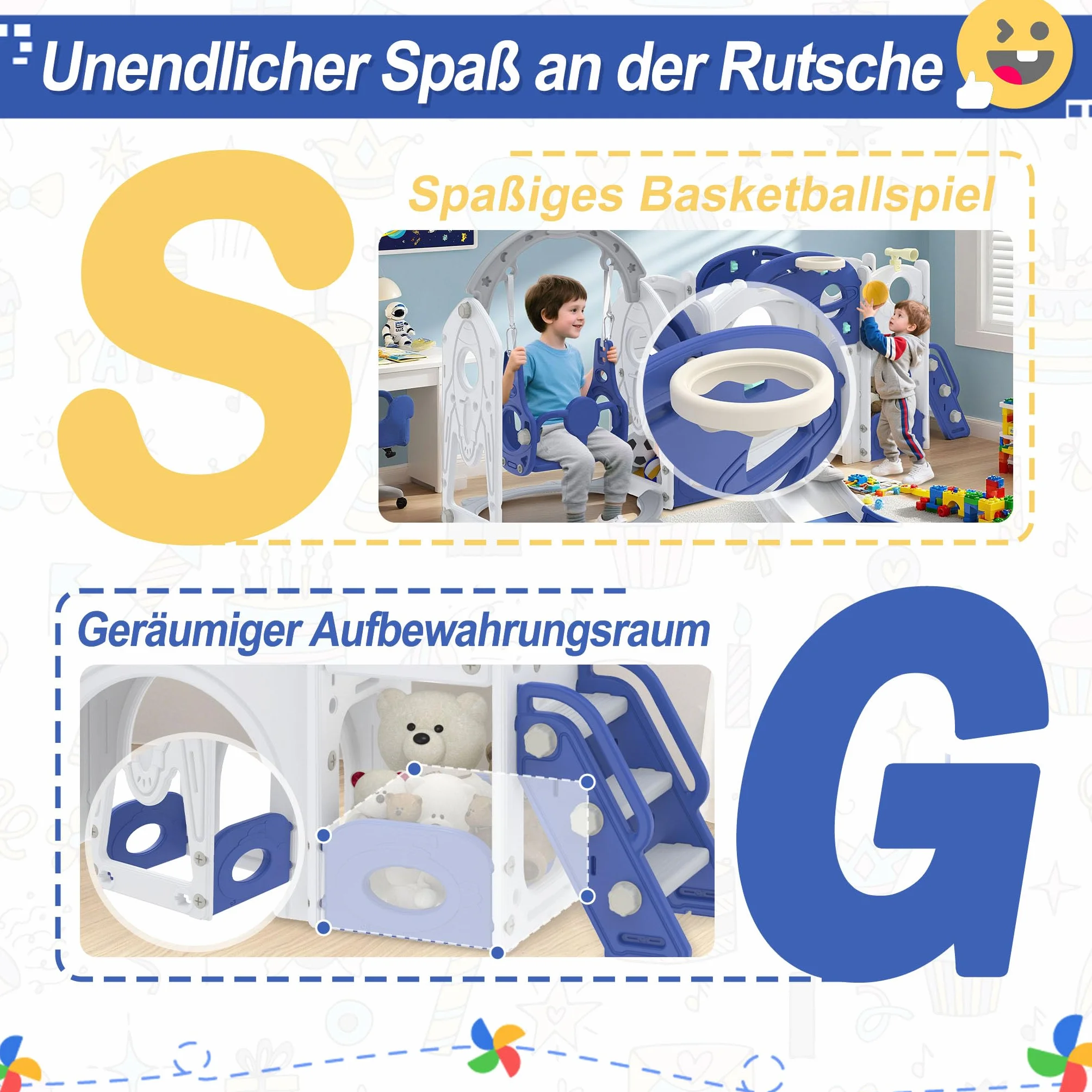 Froadp Scivolo 9 in 1 per bambini a partire da 1 anno, per interni ed esterni, in HDPE e PP, con altalena, scaletta da arrampicata, tunnel, spazio di archiviazione, cestino da basket e telescopio da
