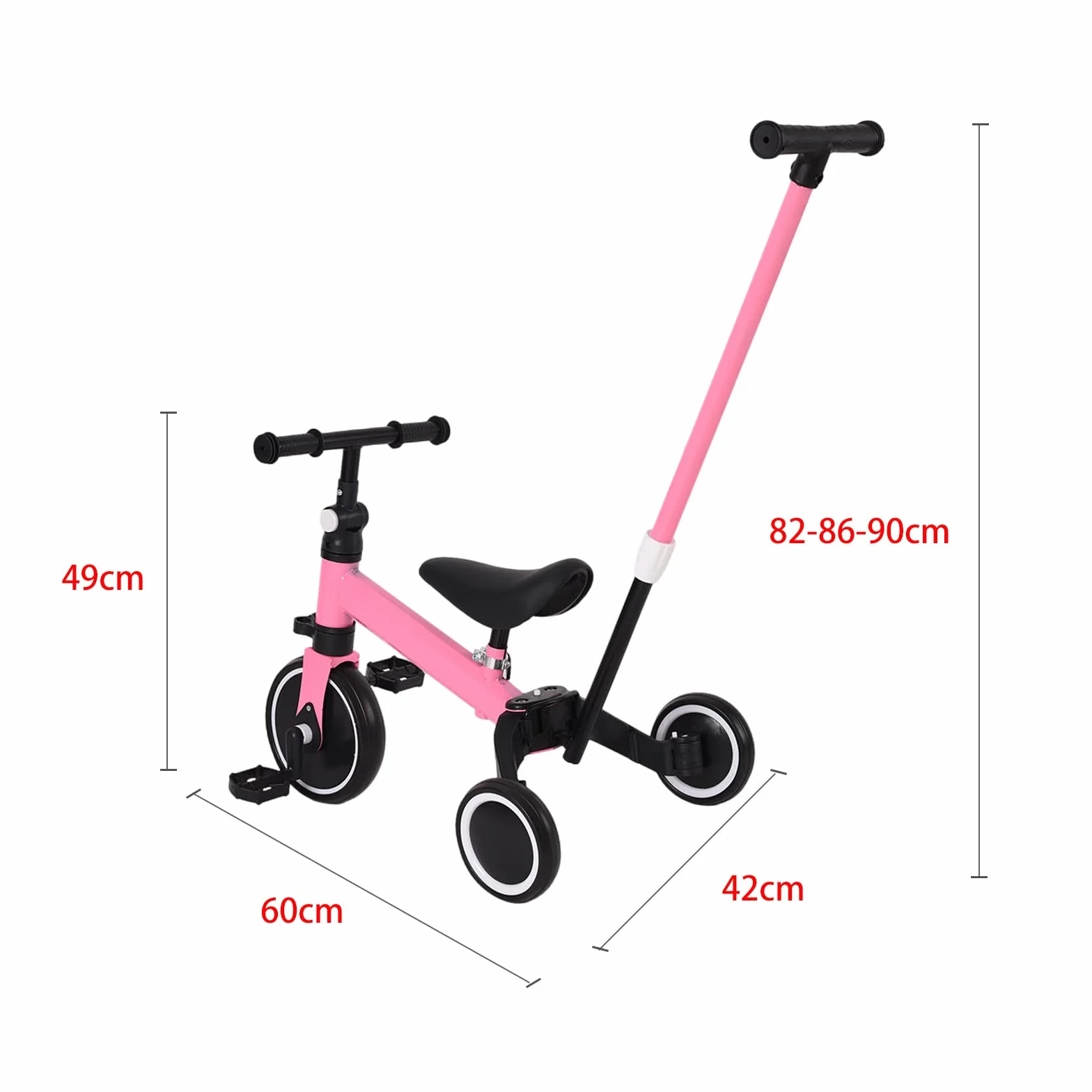 bicicletta per bambini con frizione,Triciclo 3 in 1 con manico scorrevole per bambini da 1 a 3 anni, ruota pieghevole, ruote più grandi, pedali rimovibili, 3 in 1 (rosa)