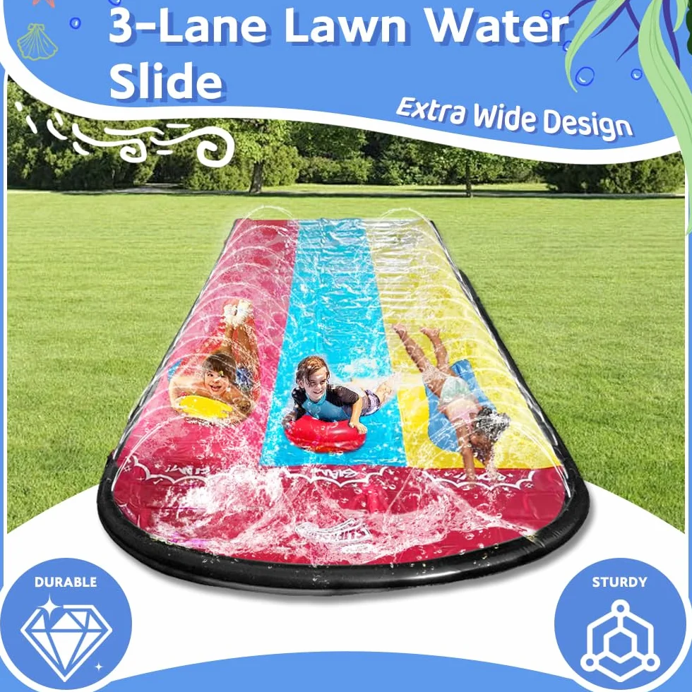 Scivolo d'Acqua Triplo Racer 480x210CM, Scivolo Acquatico Giardino con Irrigatore e 3 Tavole Gonfiabili, per Bambini Adulti