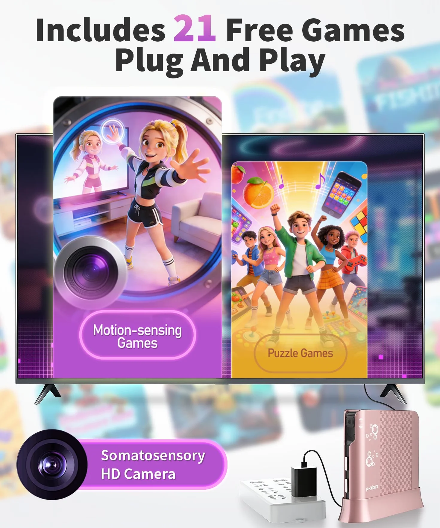 Console di Gioco con Controllo del Movimento per Bambini, Sistema Videogiochi Plug & Play per TV, Giochi Attivi Indoor e Divertimento per Famiglia, Ideale per Serate di Gioco e Feste