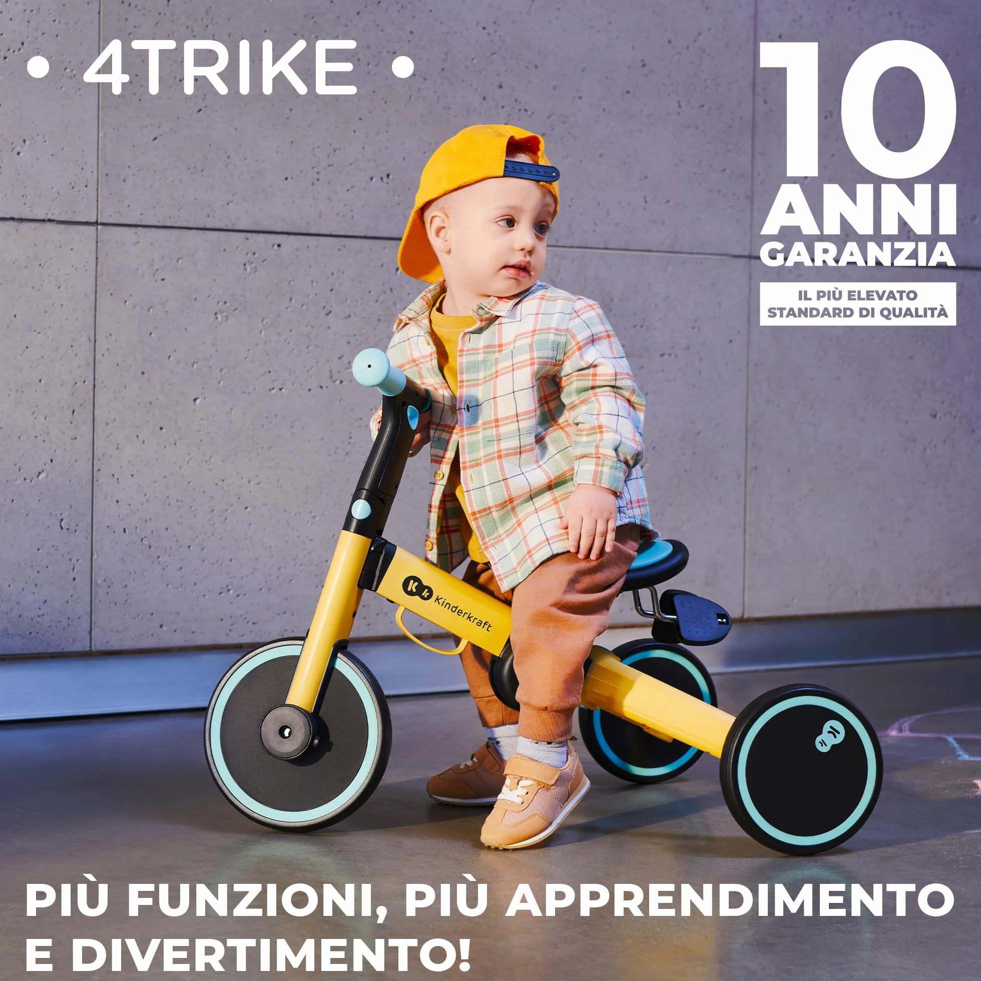 Kinderkraft Triciclo 3in1 4TRIKE, Mini bici, Carrello, Sella regolabile, Pieghevole, da 12 mesi a 5 anni, Giallo