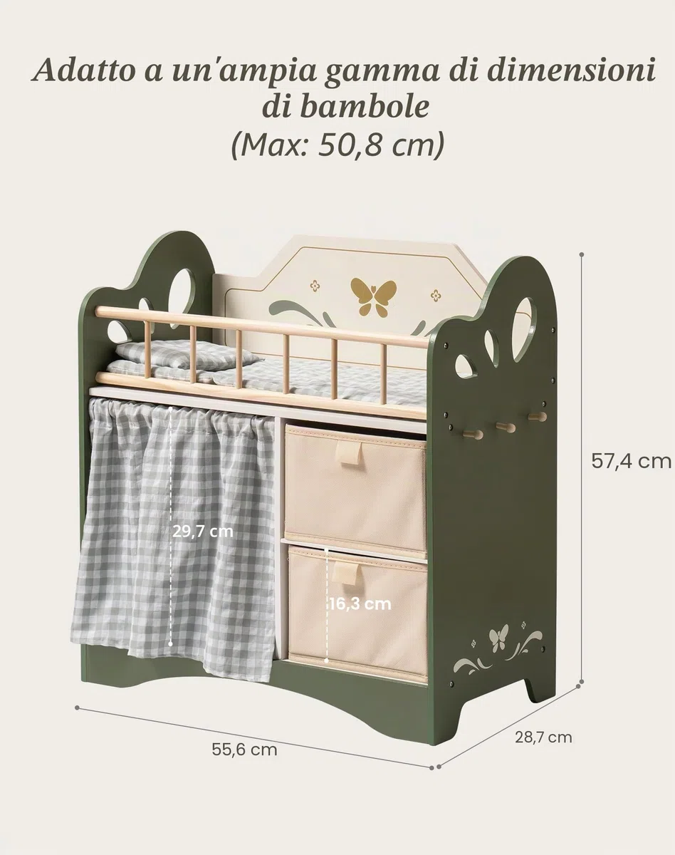 ROBOTIME Mobiletto per Culla in Legno da 22" con Ripostiglio - Verde e Beige per Accessori, Vestiti e Biancheria della Bambola - Mobili per Bambole, Regalo Perfetto dai 3 Anni