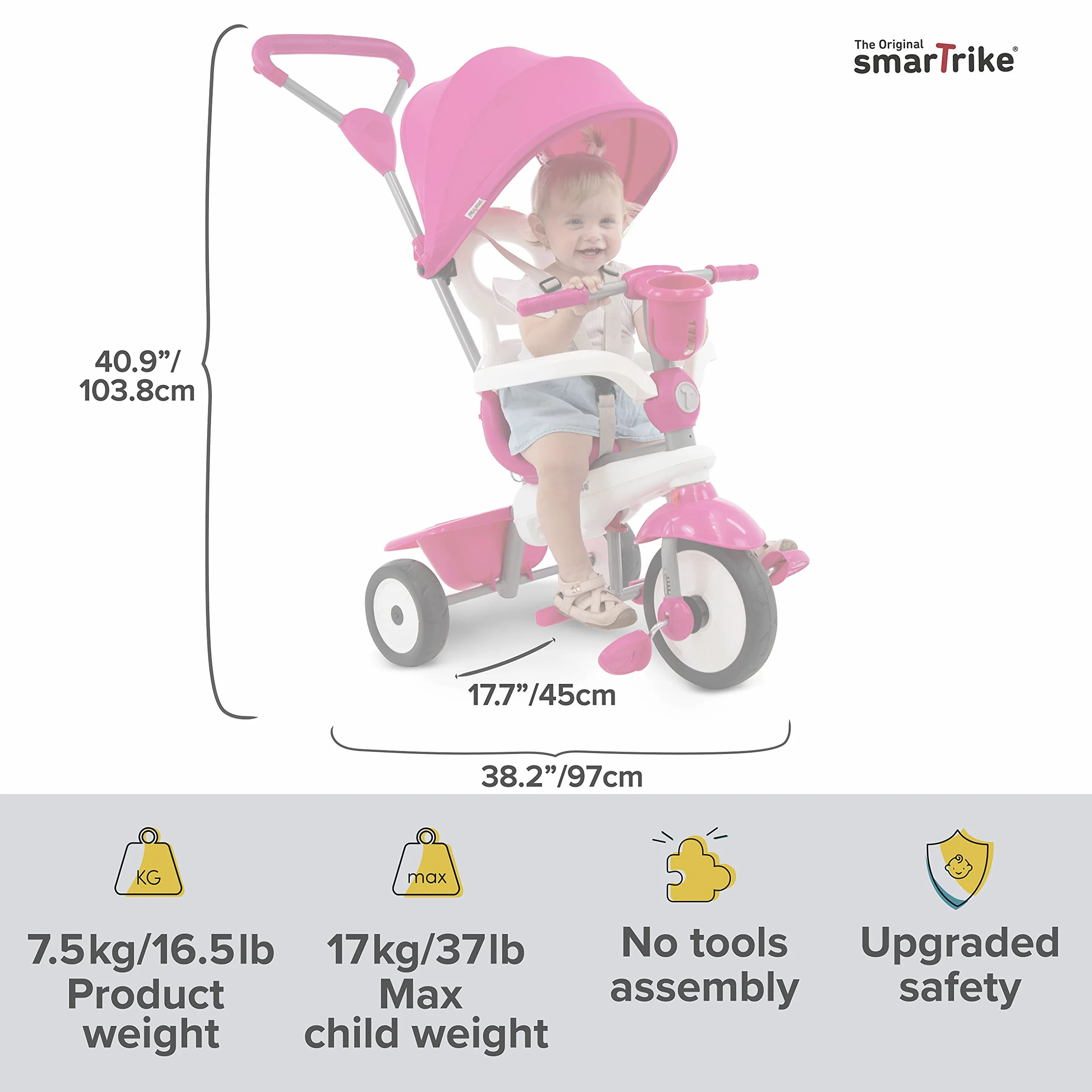 smarTrike Breeze Plus Triciclo per Bambini di età 1,2,3 anni - Triciclo 4 in 1 Multi-stadio, Rosa Principessa