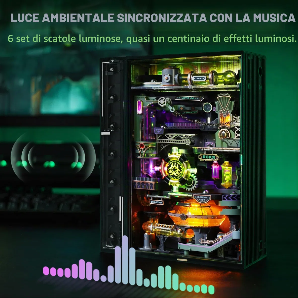 ROKR Marble Run 3D Puzzle in plastica The Alchemy City Model Kit per adulti con attivazione sonora, per costruire scrivania da gioco Cyberpunk Steampunk idea regalo - Parallel World MR04S