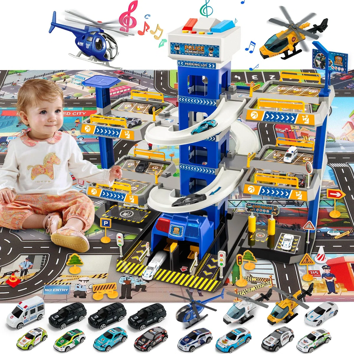 BuzzoXerex 5 Piani Garage Mmacchine per Bambini, Parcheggio Macchinine con 14 Autos e 2 Elicottero, Giocattolo Auto Garage con Ascensore e Rampe, Idea Regalo per Bambini 5 6 7 8 9 Anni (Polizia)