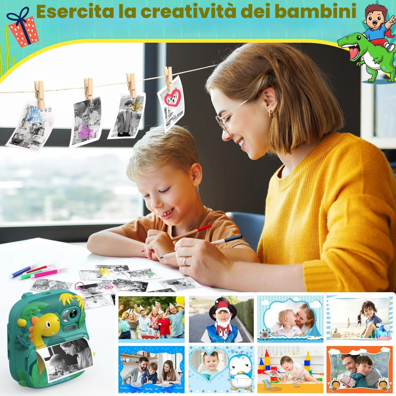 Macchina Fotografica Bambini Istantanea, CAMCLID 2,4 Pollici Fotocamera Bambini con 32GB Scheda, 12MP/1080P Fotocamera Digitale Dinosauro, Regali per Ragazzi Ragazze da 3-12 Anni (Verde)