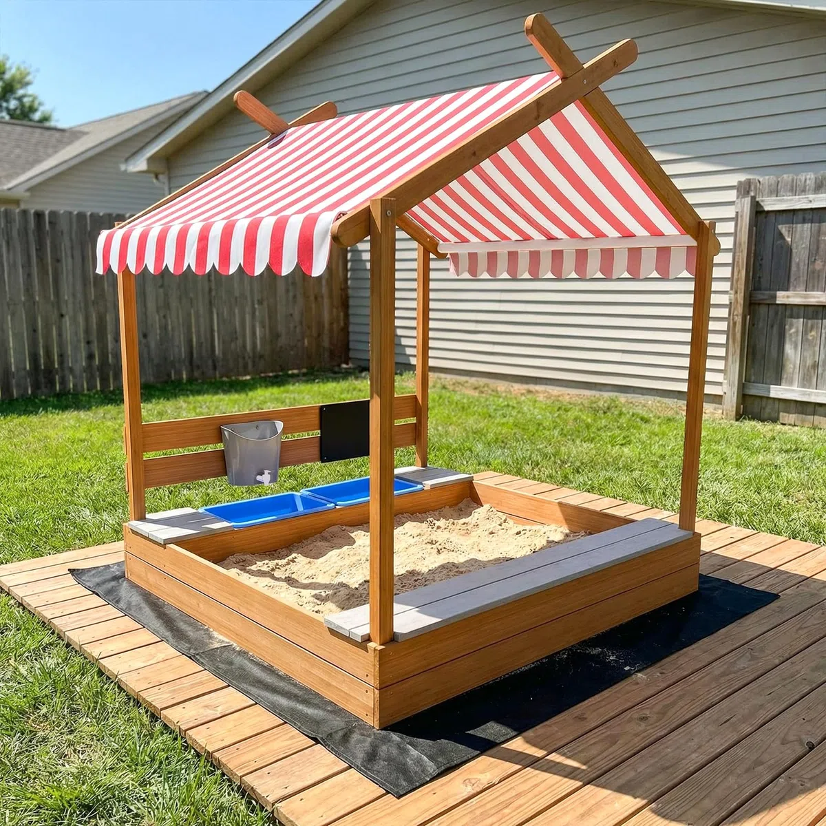 MAMIZO Grande Sabbiere da Esterno per Bambini 3-10 anni, Sandbox in Legno con Tetto, Recinto di Sabbia con Lavagna, Rubinetto, 2 Bacinella, Giardini Playhouse per Spiagge, Balconi, 113x116x142 CM