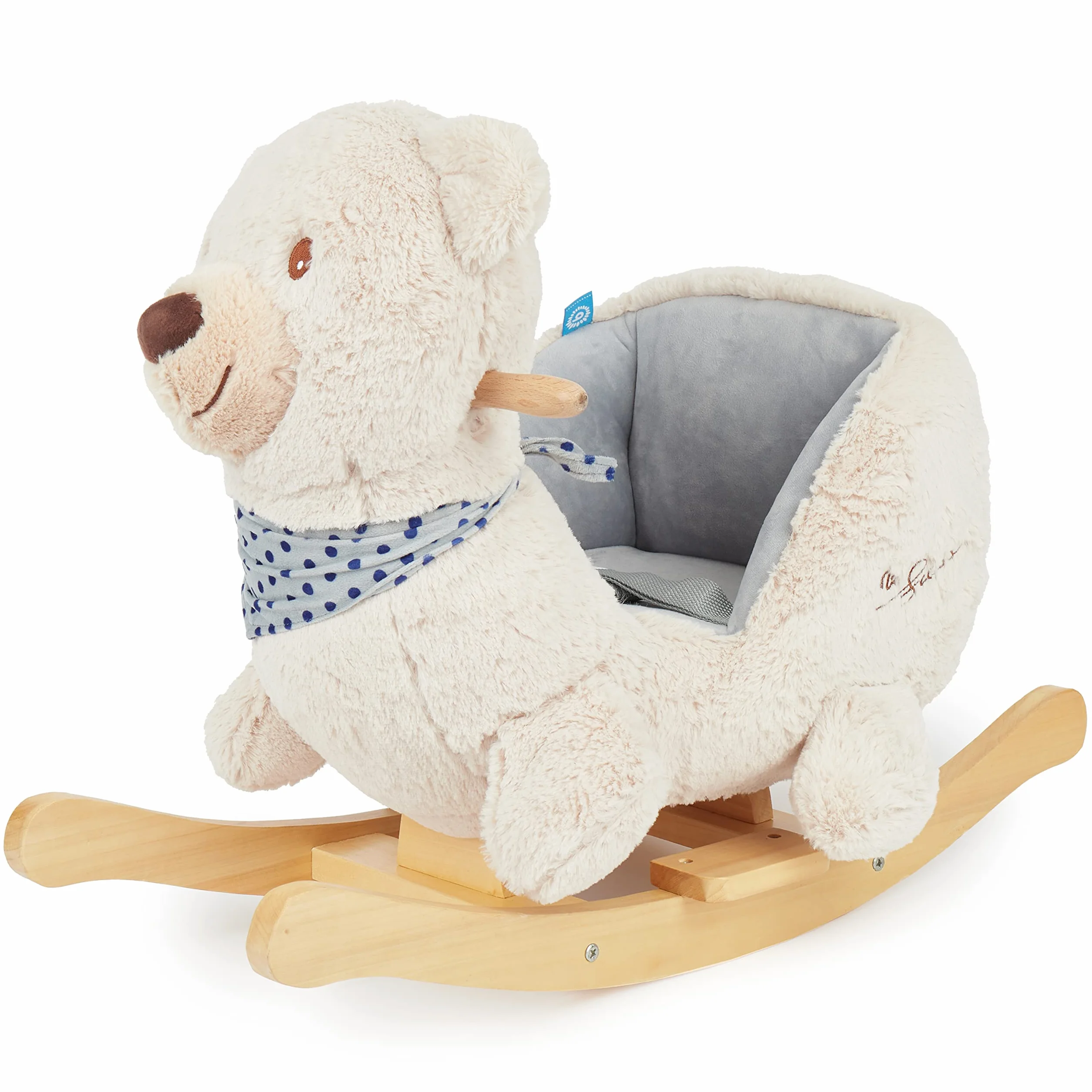 Bieco 74002111 - Dondolo Peluche Crema Orso Giocattolo, Sedia a Dondolo per Bambini con Struttura in Legno, Seduta e Schienale, Giocattoli a Dondolo, Schaukelbär per Neonati e Bambini da 9m +