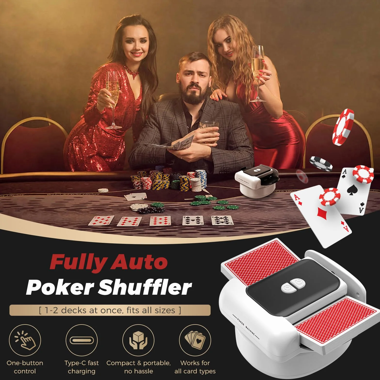 Shuffler automatico di carte, 2 modalità di funzionamento, ricaricabile con batteria a lunga durata, silenzioso, per UNO, Poker, carte Blackjack, nero (bianco e nero)