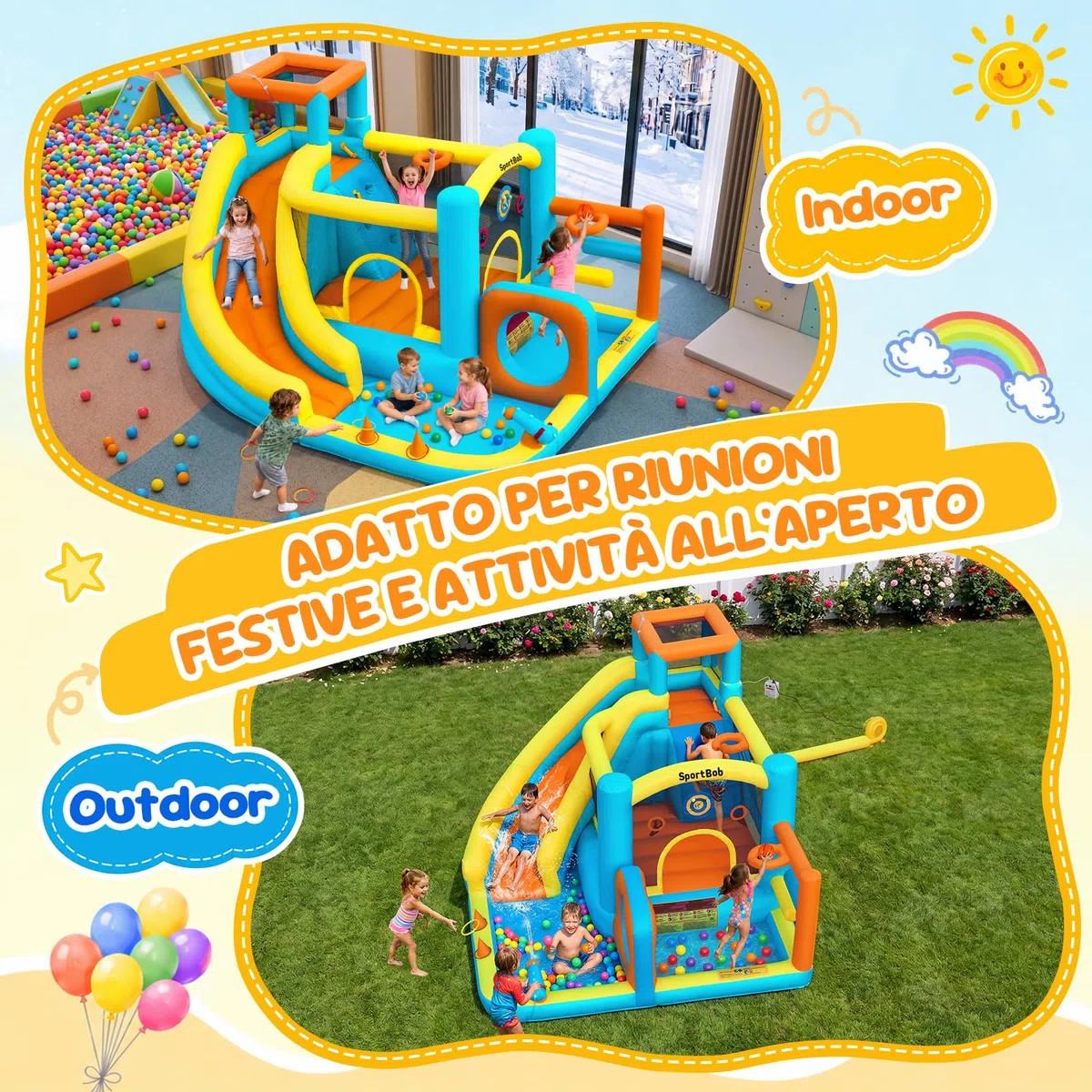 Castello Gonfiabile con Scivolo Acquatico, Piscina di Palline, Area di Salto e Parete da Arrampicata, Soffiatore d'aria Incluso, Utilizzo Interno/Esterno per Giardini, Feste e Famiglie