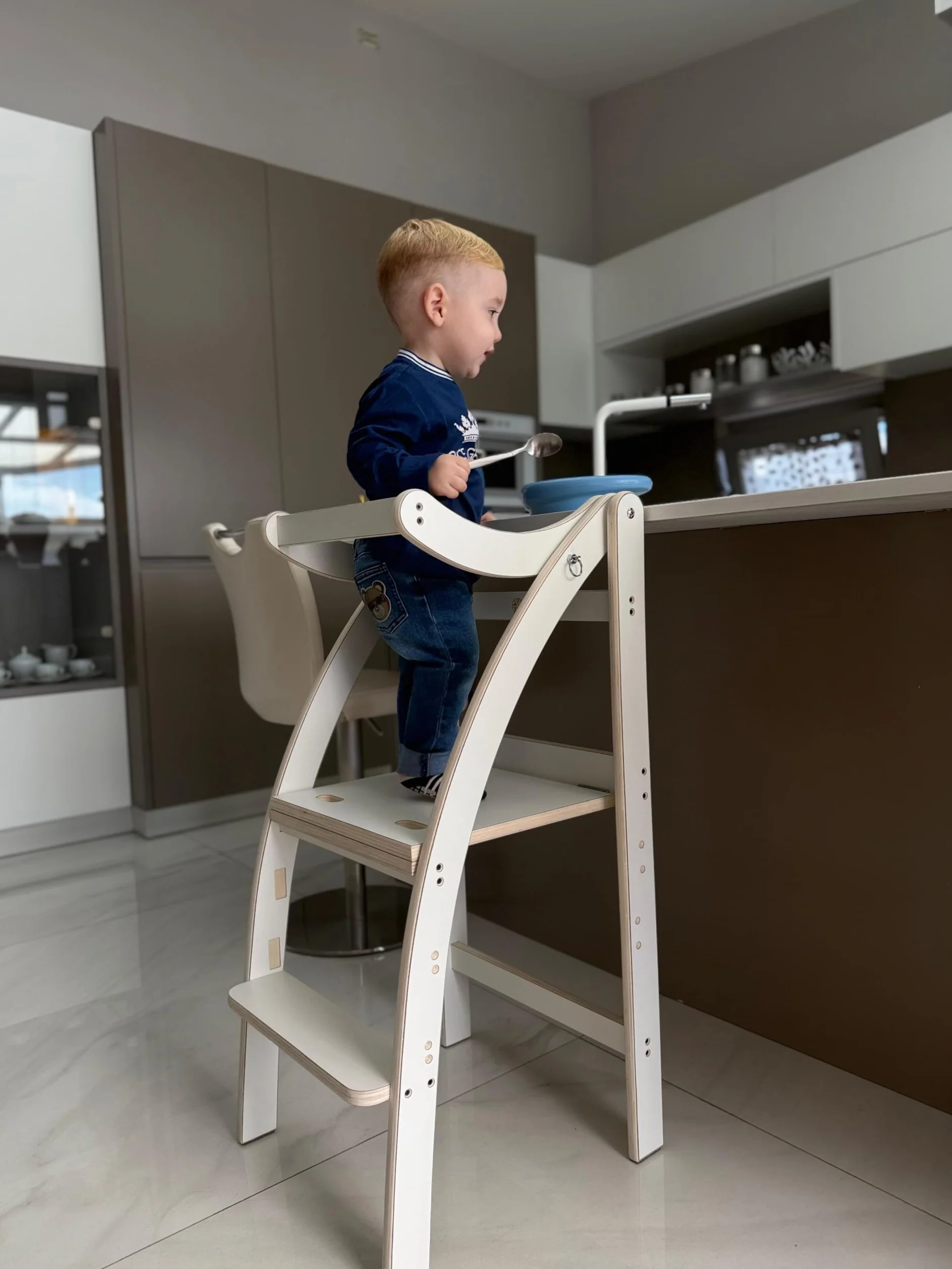 Learning Tower Richiudibile con Blocco per Bambini - Torre Montessori Regolabile su 3 Altezze e Richiudibile - Torre Montessoriana Richiudibile (Bianco, Standard)