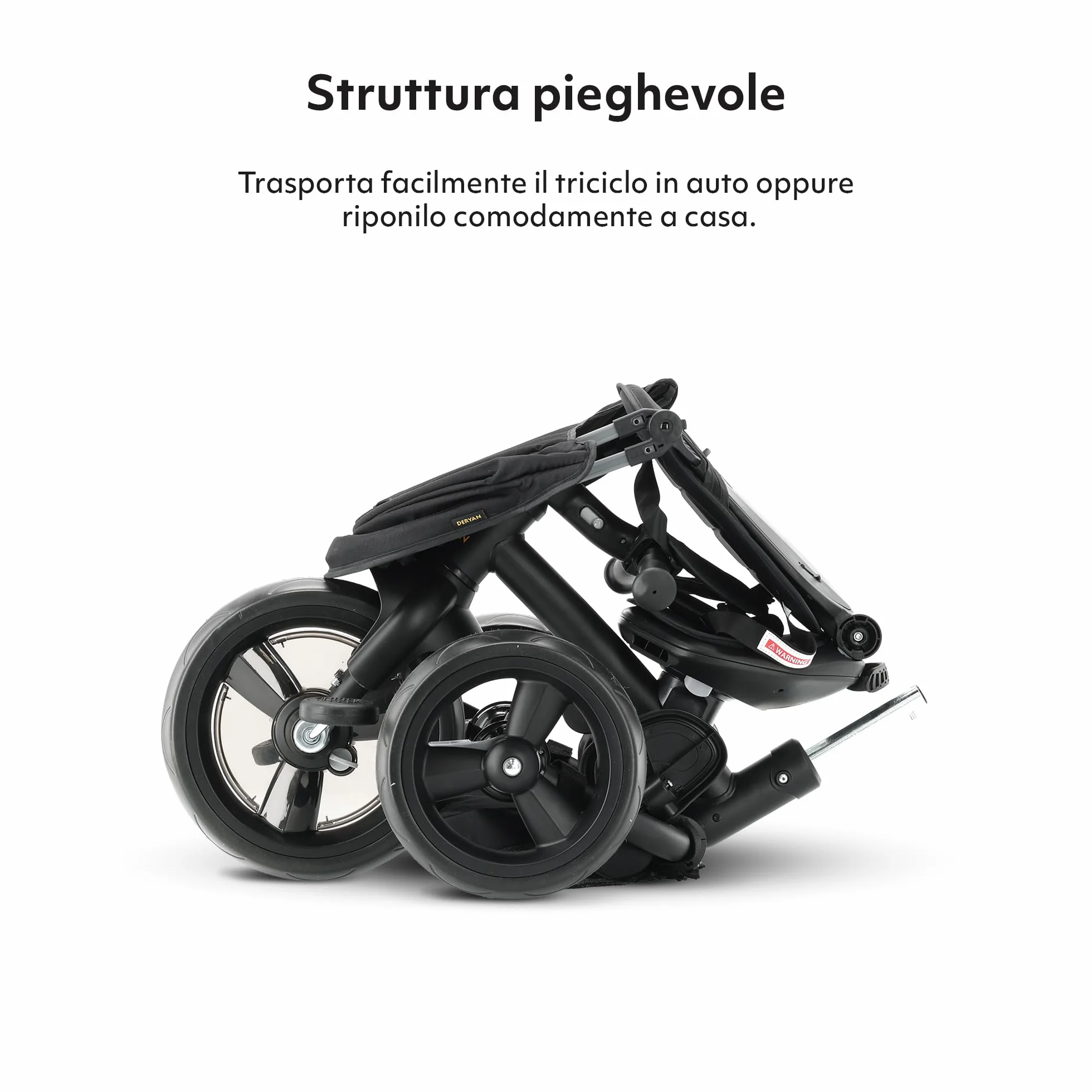 Deryan Explorer Triciclo da 9 Mesi fino a 25 kg – Triciclo per Bambini con Maniglione di Spinta – Sedile Girevole – Tettuccio Estensibile con Protezione Solare – Nero