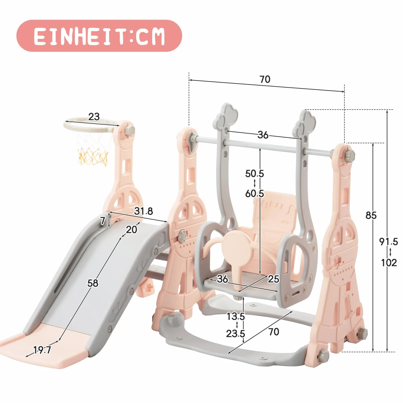 Scivolo per bambini 4 in 1, per interni ed esterni, con altalena, struttura per arrampicata, basket, scivolo da giardino, parco giochi per bambini, Easy Assembly (rosa – 4 in 1)