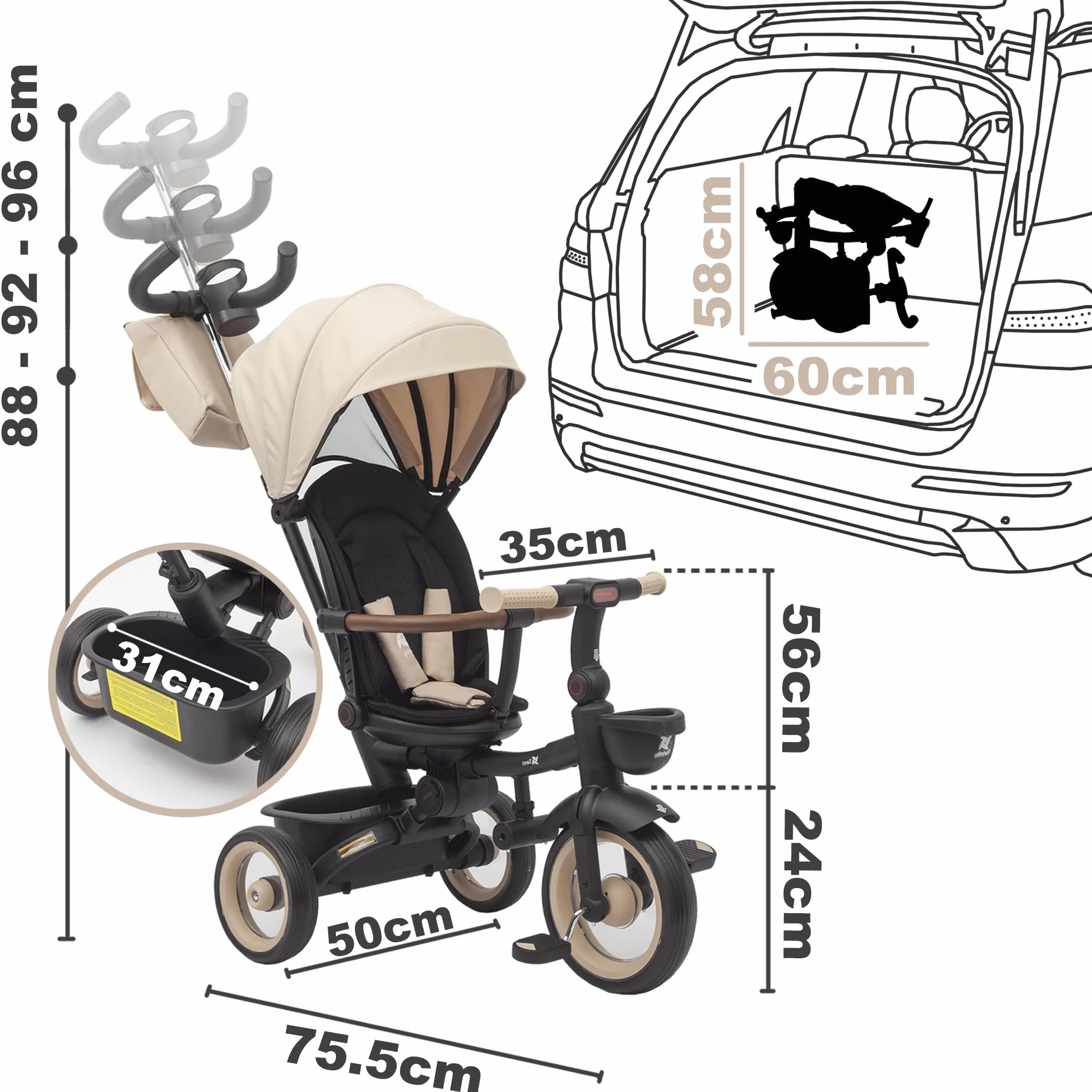 Twinly - Triciclo Evolutivo Bambino Sami Pieghevole con Sedile Girevole 360 Bicicletta 2 anni - Passeggino Bambino, Giocattolo, 1-5 anni o 25 kg - Luce, Cappottina Estensibile (Beige)