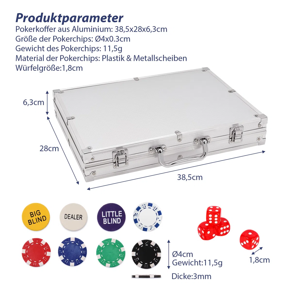 Valigetta da poker con 500 chip laser, 2 mazzi da poker, 3 bottoni, set completo da poker professionale Deluxe, set di strategia, valigetta in alluminio, dimensioni a scelta, gioco da poker