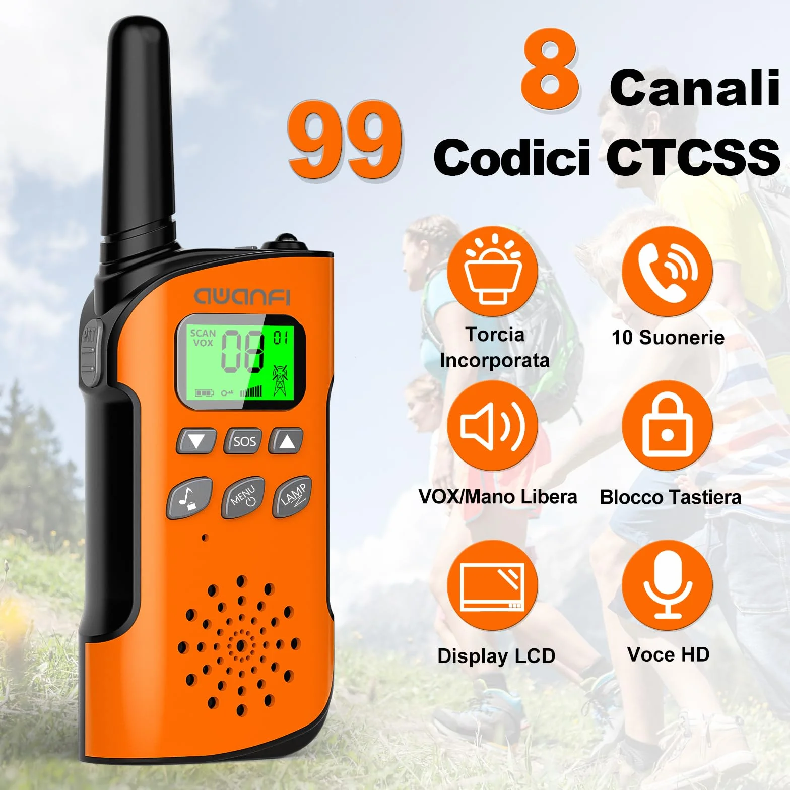 Walkie-Talkie Bambini, 3 Pezzi Walkie Talkie Ricaricabile con Batteria, Torcia, Funzione SOS e VOX, Lungo Raggio, Walkie-Talkies per Campeggio, Avventure, Regali per Bambini 3 a 12 Anni