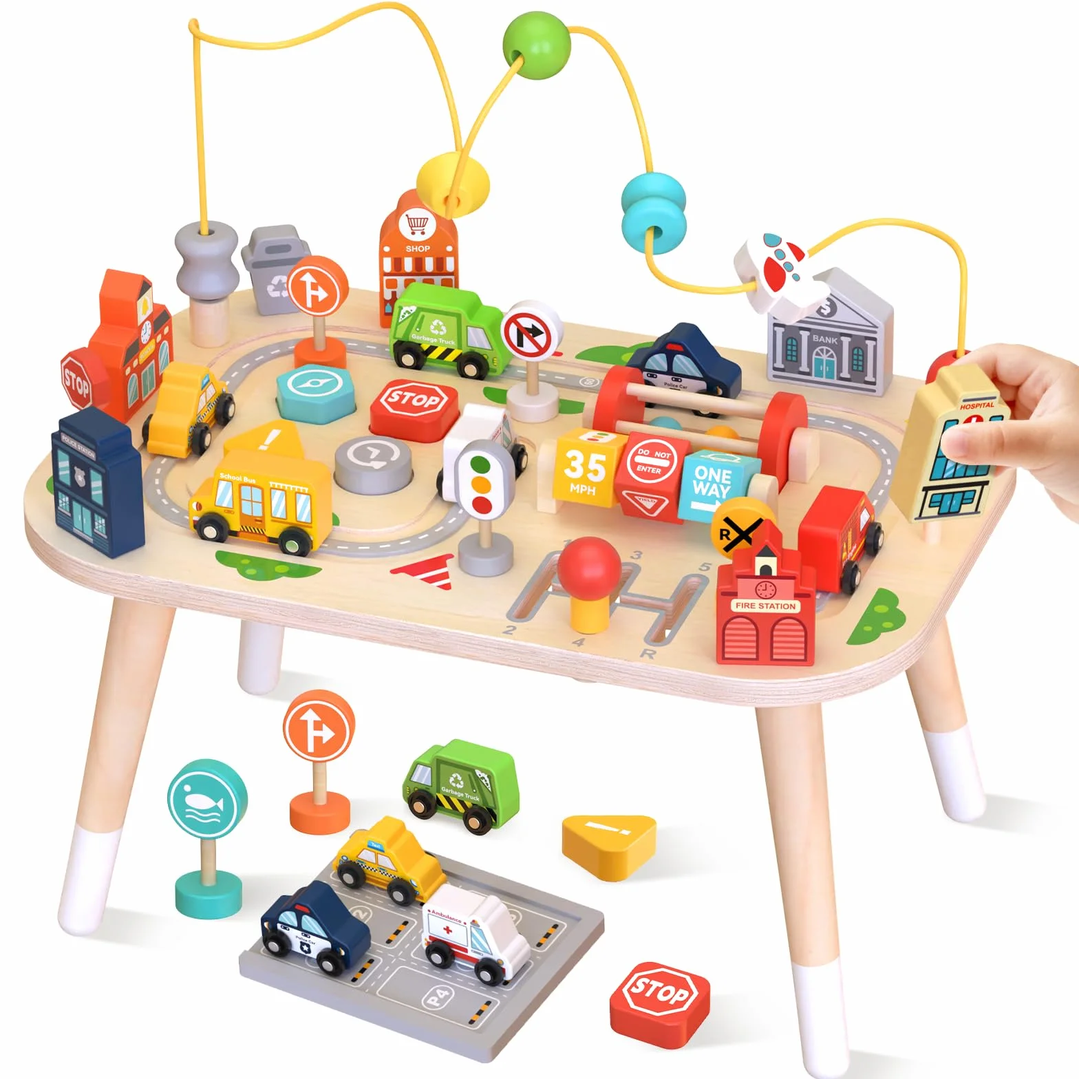 Weilim Tavolo attività in Legno per Bambini, Legno con Labirinto di Perline, sortatore di Forme e Pista del Trenino, Centro educativo sensoriale (Auto)