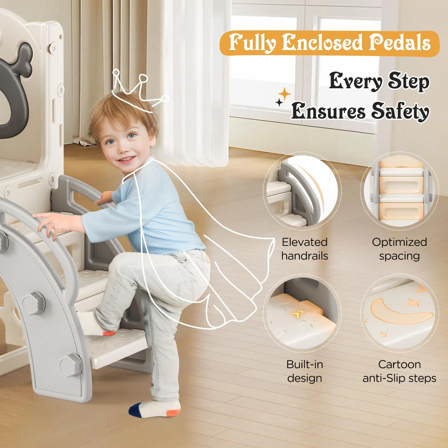 Scivolo per bambini con cerchio da pallacanestro, scivolo a tema Alce, parco giochi al coperto e all'aperto, kit da gioco per arrampicata indipendente con scivolo per bambini (beige grigio-7 in 1)