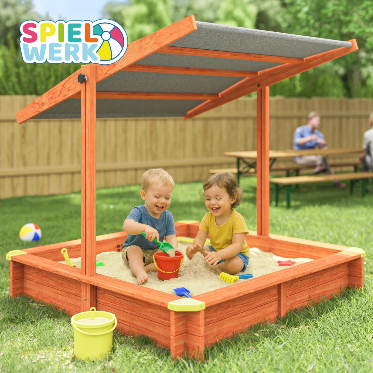 SPIELWERK® Sabbiera con Tetto 140x140cm Protezione UV 50 Legno Ecologico Sandbox per Bambini Gioco Esterno Playhouse