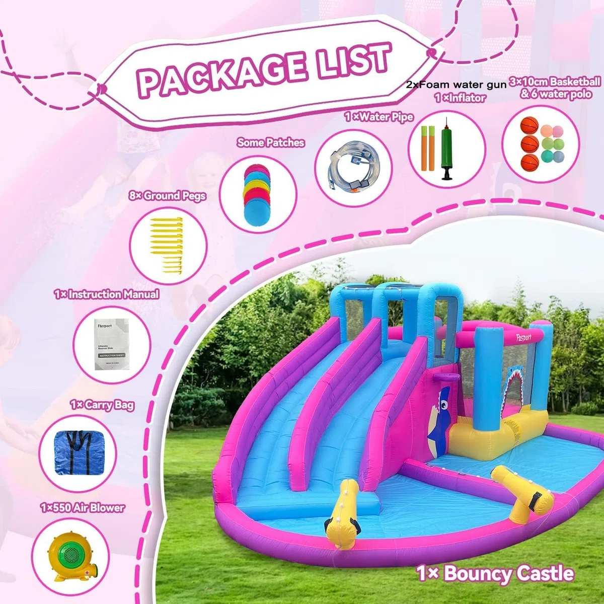 FBSPORT Castello Gonfiabile con Ventilatore 545 x 365 x 218 cm con Scivolo Trampolino Piscina Parete da Arrampicata, Piscina di Palline oceaniche Parco Acquatico per Bambini