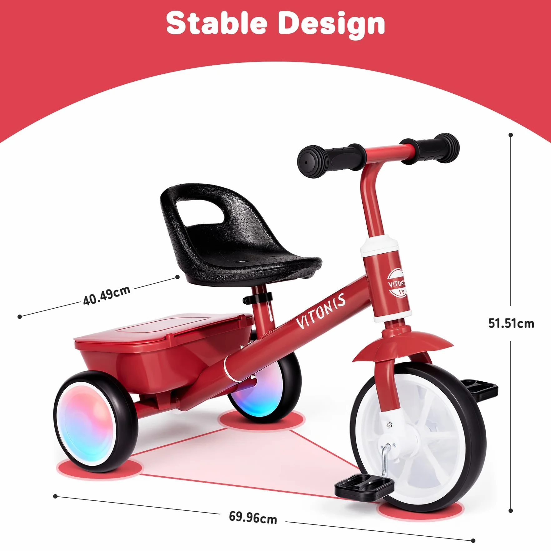 VITONIS Triciclo per bambini dai 2 anni in su, bicicletta senza pedali per bambini dai 24 mesi ai 5 anni, con due ruote illuminate a LED, regali e giocattoli per bambini e bambine, rosso
