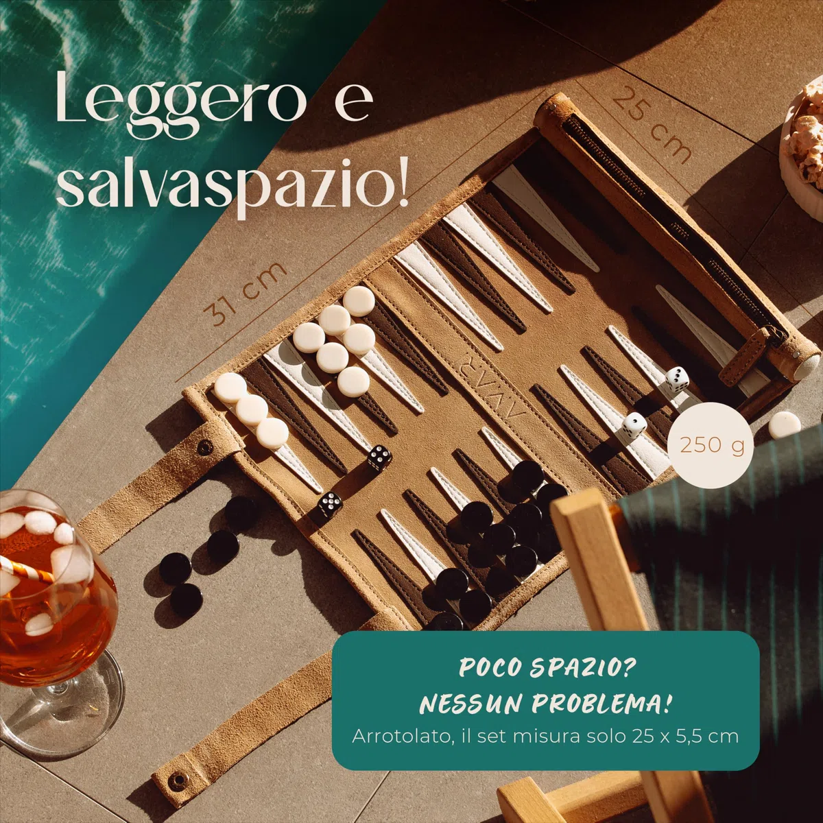 Amari ® Backgammon da viaggio in 100% pelle – Backgammon pieghevole per viaggi e viaggiare – Back Gammon di alta qualità valigia gioco da viaggio in pelle