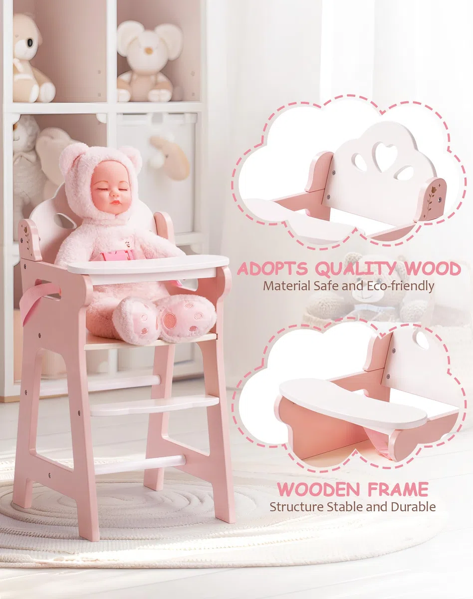 ROBUD Seggiolone per Bambini con Cintura di Sicurezza Regolabile, Tavolo e Poggiapiedi per Bambole fino a 18", Giocattolo dai 3+ Anni Rosa