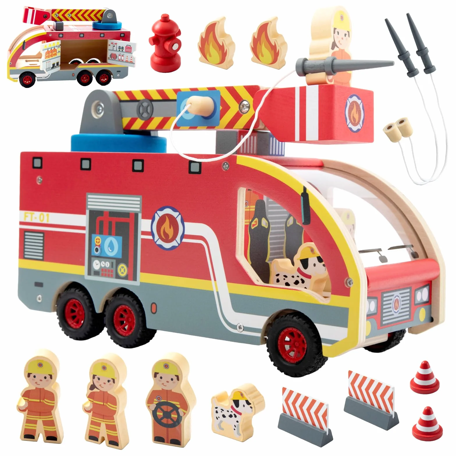 Nene Toys Camion dei Pompieri in Legno – Giocattolo Educativo Magnetico per Bambini 2+ Anni – Scala Girevole 360°, Tubi Magnetici, Idrante, Pompieri & Dalmata – Gioco Montessori FSC Regalo Perfetto
