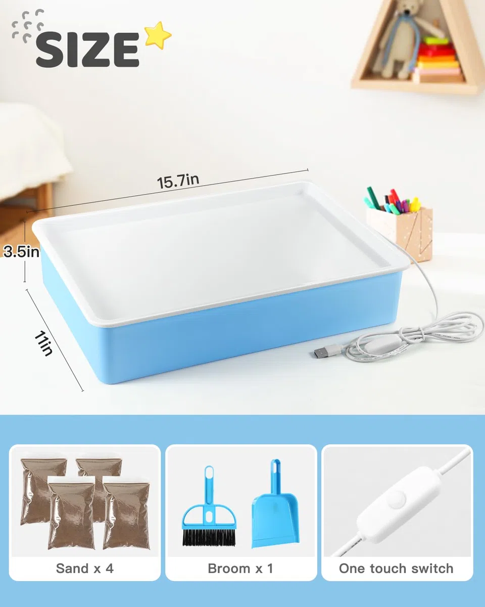 AtMini Scatola Luminosa Per Pittura a Sabbia Per Bambini Con 4 Confezioni di Sabbia Naturale, Set di Vassoio di Sabbia Per Bambini a Partire Dai 3 Anni (blu)