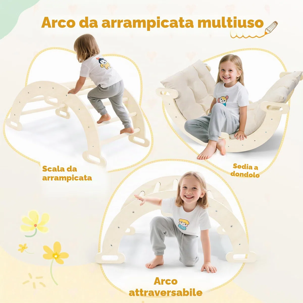 Arco da Arrampicata Montessori 2 in 1 con braccioli per bambini legno naturale cuscino tappetino antiscivolo 1-6 anni