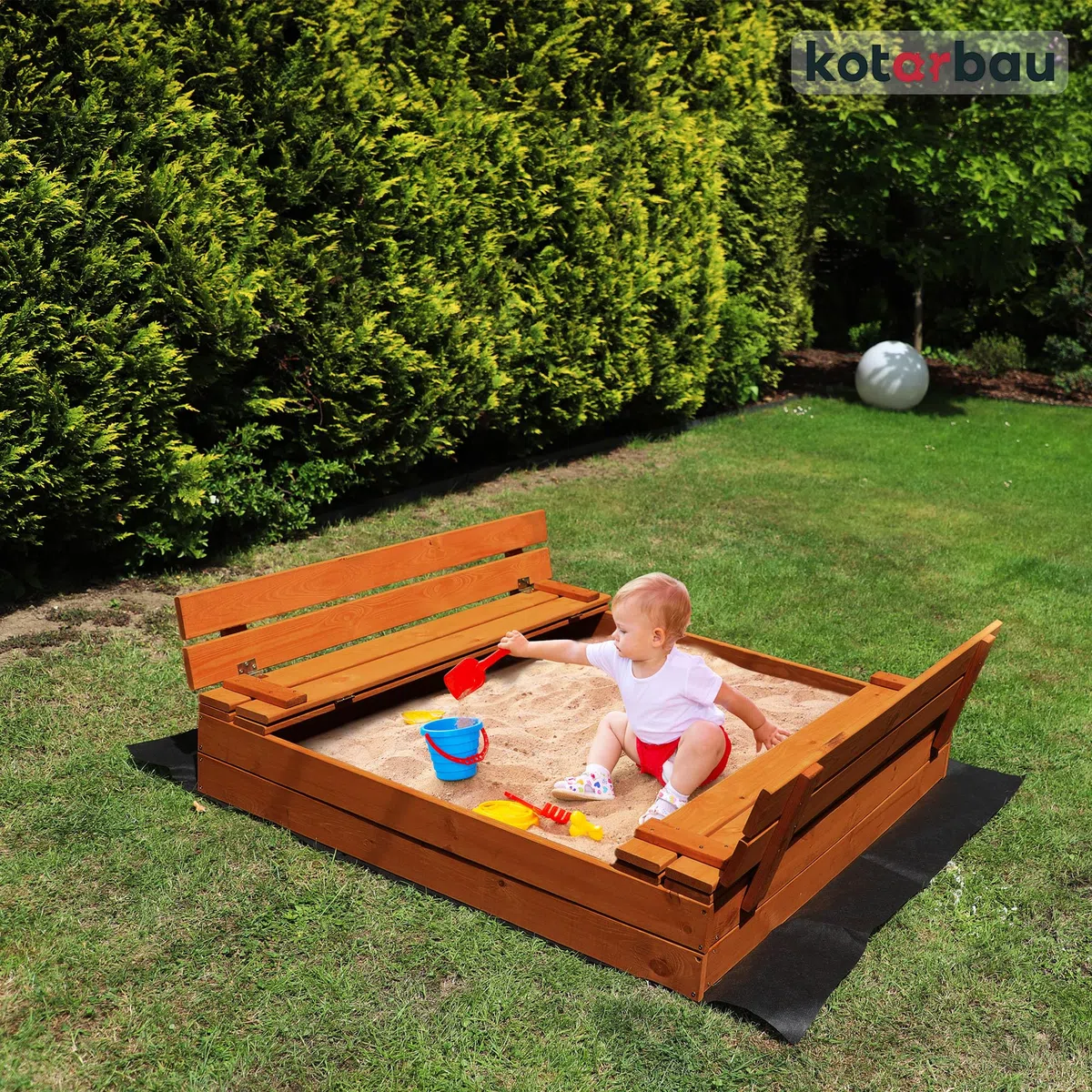 KOTARBAU® Sabbiera per Bambini con Coperchio - Legno di Pino - 120 x 120cm - Marrone - Sabbiera da Giardino per Bambini - con Panche Pieghevoli e Telo Antierba - Impragnato