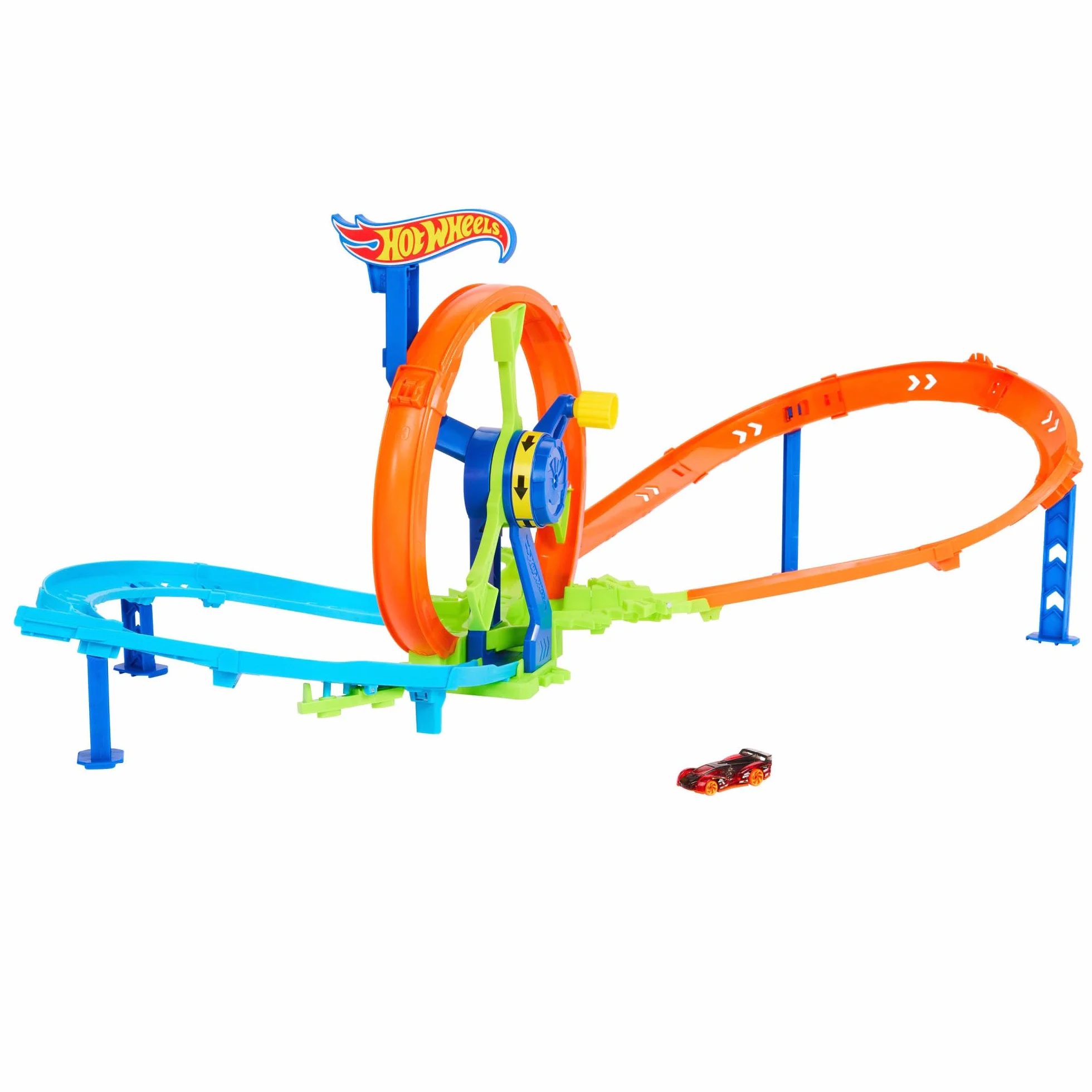 Hot Wheels - Pista Loop Rotante, playset con zona scontro su pista a forma di 8 e loop a propulsione, include una macchinina in scala 1:64, giocattolo per bambini, 3+ anni, JBX65