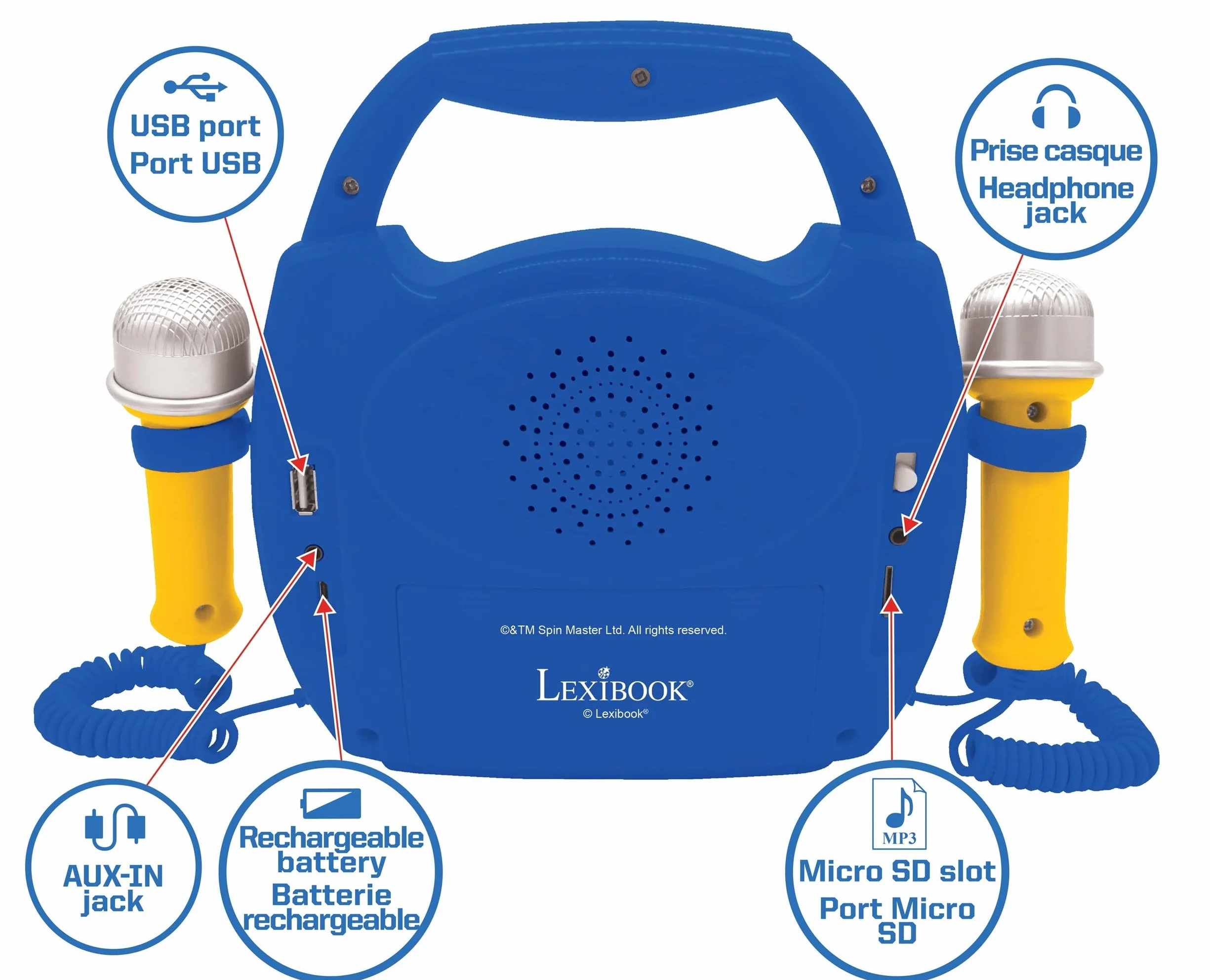 Lexibook – Paw Patrol - Lettore Musicale Karaoke Portatile per Bambini - Microfoni, Effetti di Luce, Bluetooth, Blu/Rosso, MP320PAZLXB