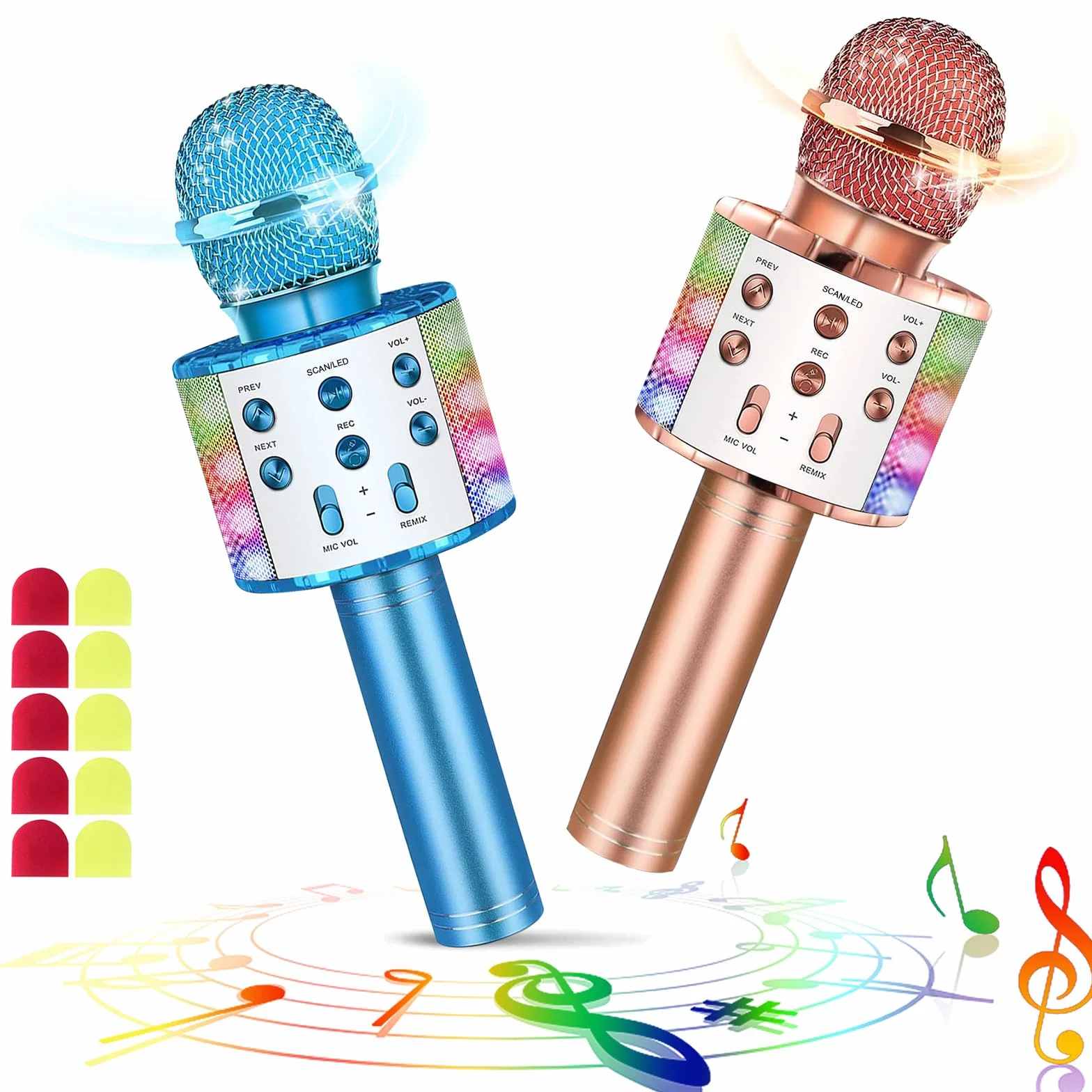 Set 2er Microfono Karaoke Bluetooth Wireless Con Luci a LED Portatili Portatili Cantanti per Altoparlanti Karaoke Giocattoli Gift per Bambini per Bambini (Con 10 Coperture Microfono Usa e Getta)