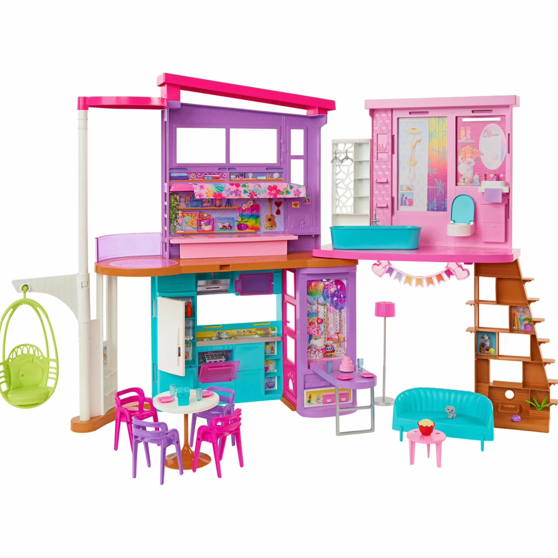 Barbie - Casa di Malibu (106 cm) playset casa delle bambole con 2 piani, 6 stanze, ascensore altalena e più di 30 pezzi, Giocattolo per Bambini 3+ Anni, HCD50