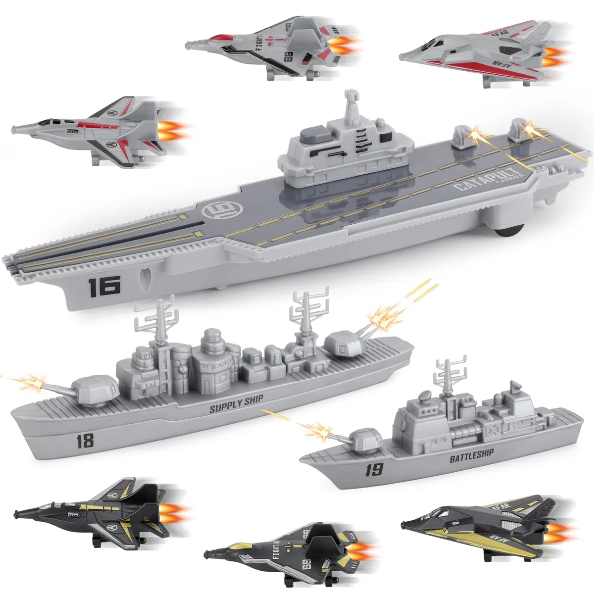 deAO unità di Difesa Militare Gioco Portaerei con Funzione di Espulsione, Veicoli Aerei e Marittimi Inclusi Set da 9 Pezzi Collezione di Forze Armate per Bambini