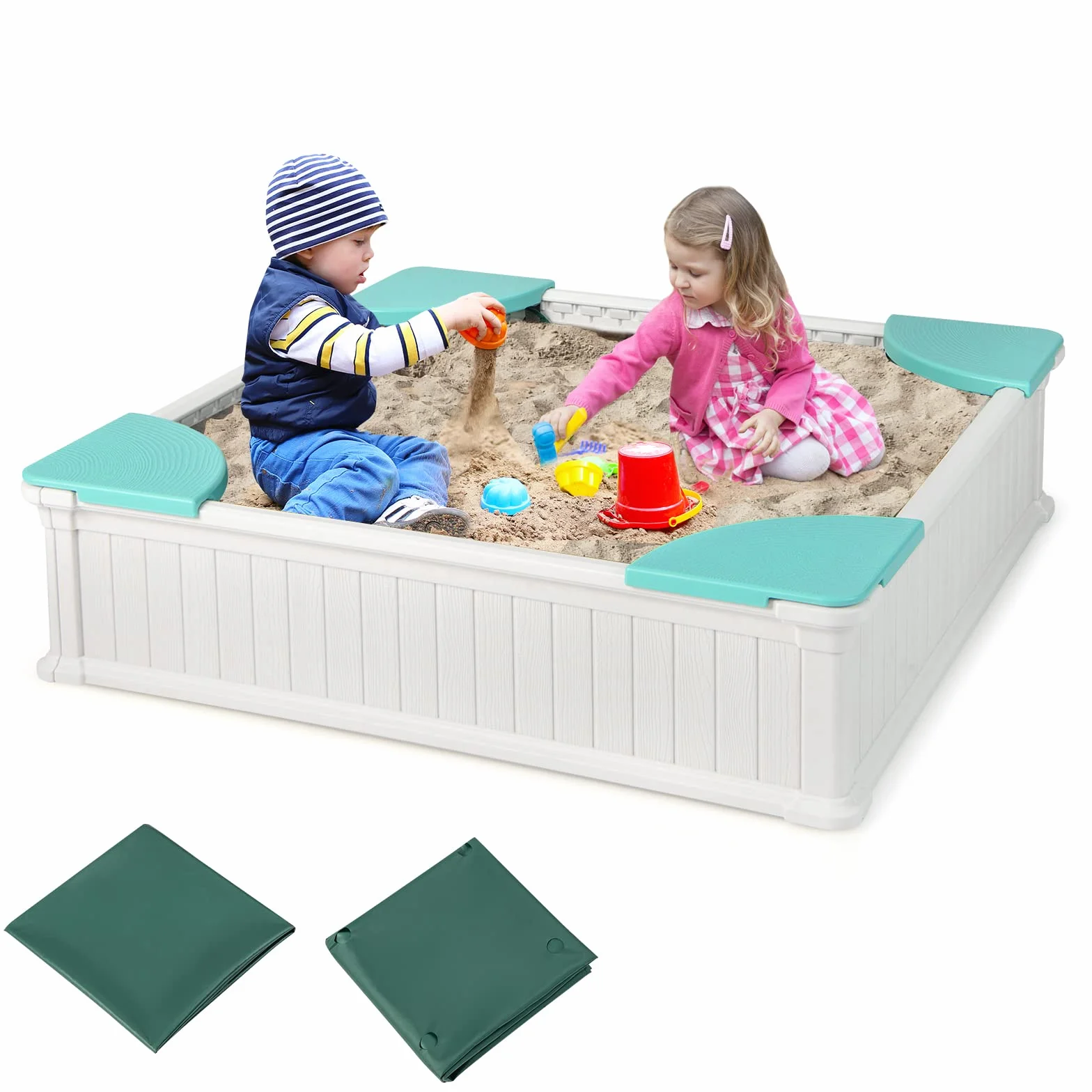 COSTWAY Sabbiera per Bambini, Sabbiera da Cortile con 4 Sedute Angolari e Copertura in Oxford, per Cortile Spiaggia Prato, 123,5 x 123,5 x 31,5 cm (Verde+Bianco)